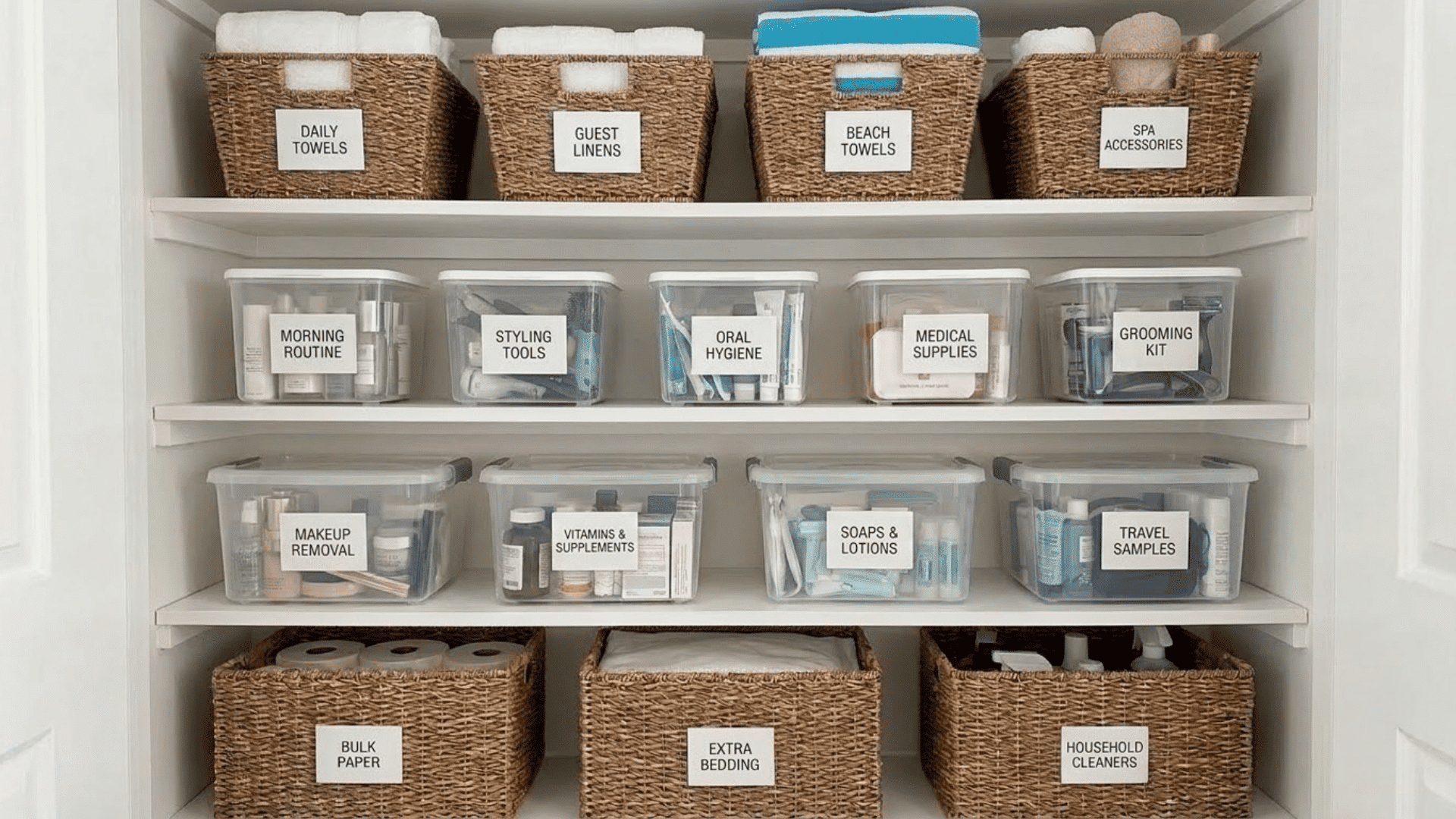 labeled baskets and clear containers arranged neatly on organized bathroom closet shelve