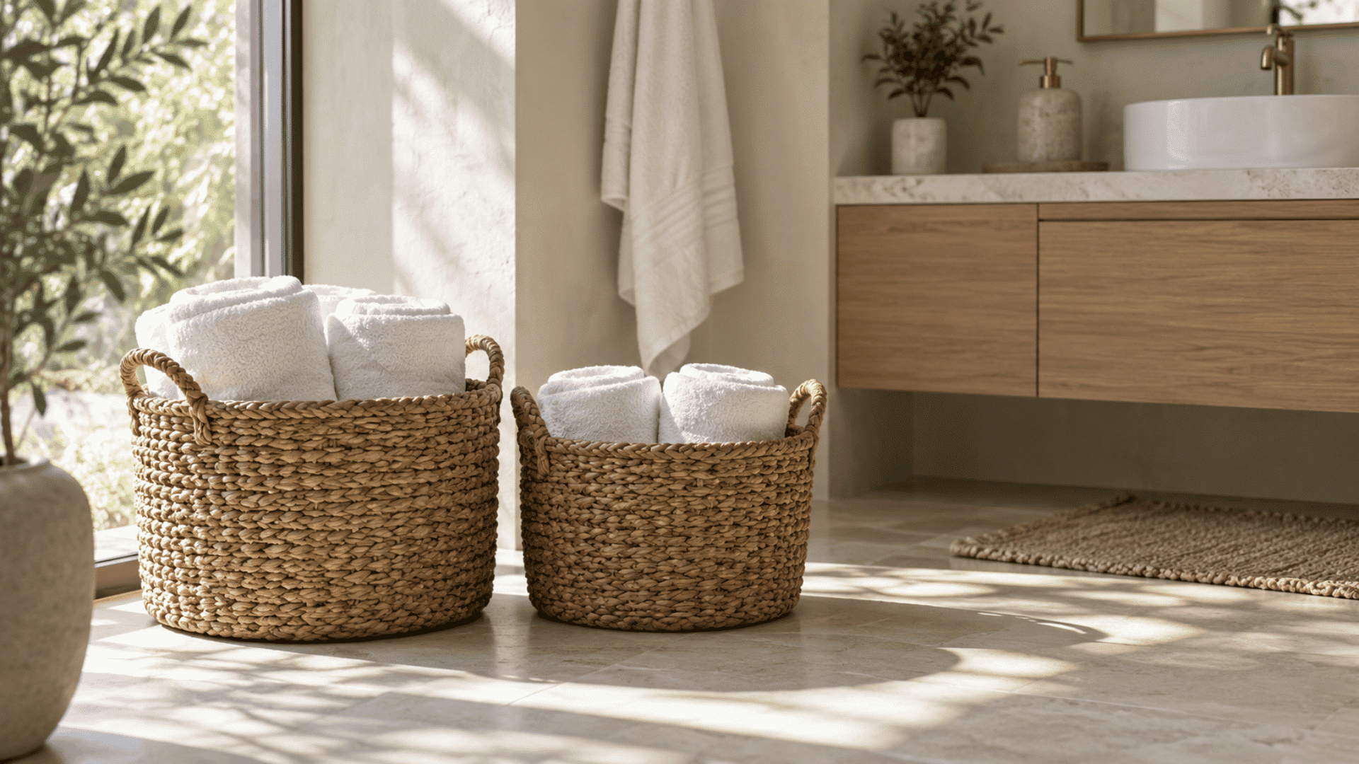 two woven floor baskets filled with rolled white towels beside a floating bathroom vanity