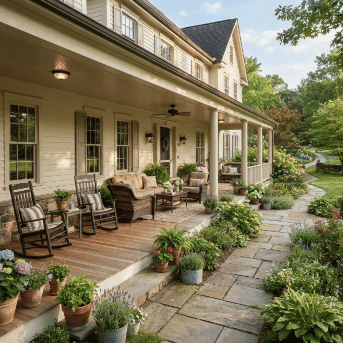 Wraparound covered porch with multiple seating zones and landscaped outdoor surroundings