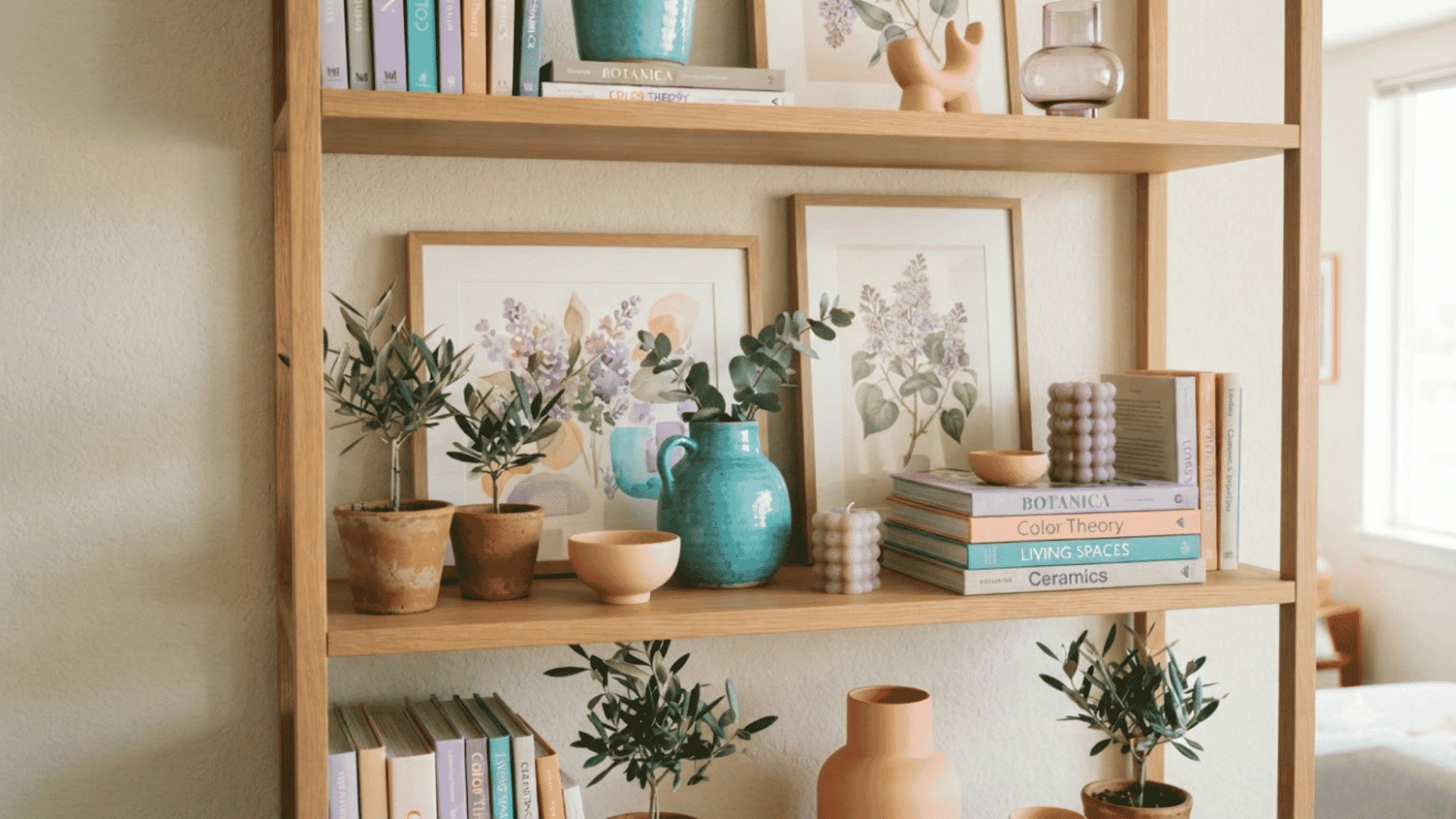 Layered bookshelf display with artwork, colorful decor, and books