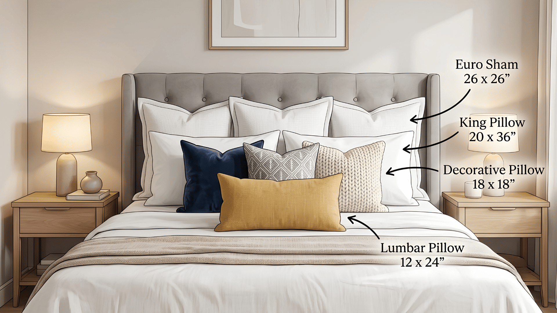 layered luxury bed pillow arrangement with Euro shams, king pillows, decorative pillows, and lumbar pillow