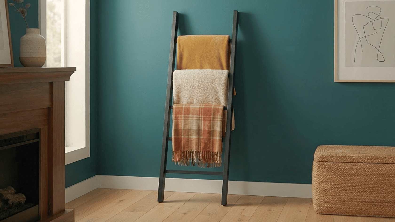 A leaning blanket ladder provides vertical storage for throws, towels, and scarves while using minimal floor depth.