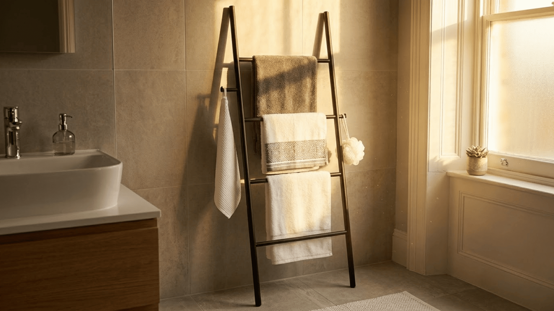 leaning ladder towel rack with neatly hung towels beside a bathroom vanity and sunlit window