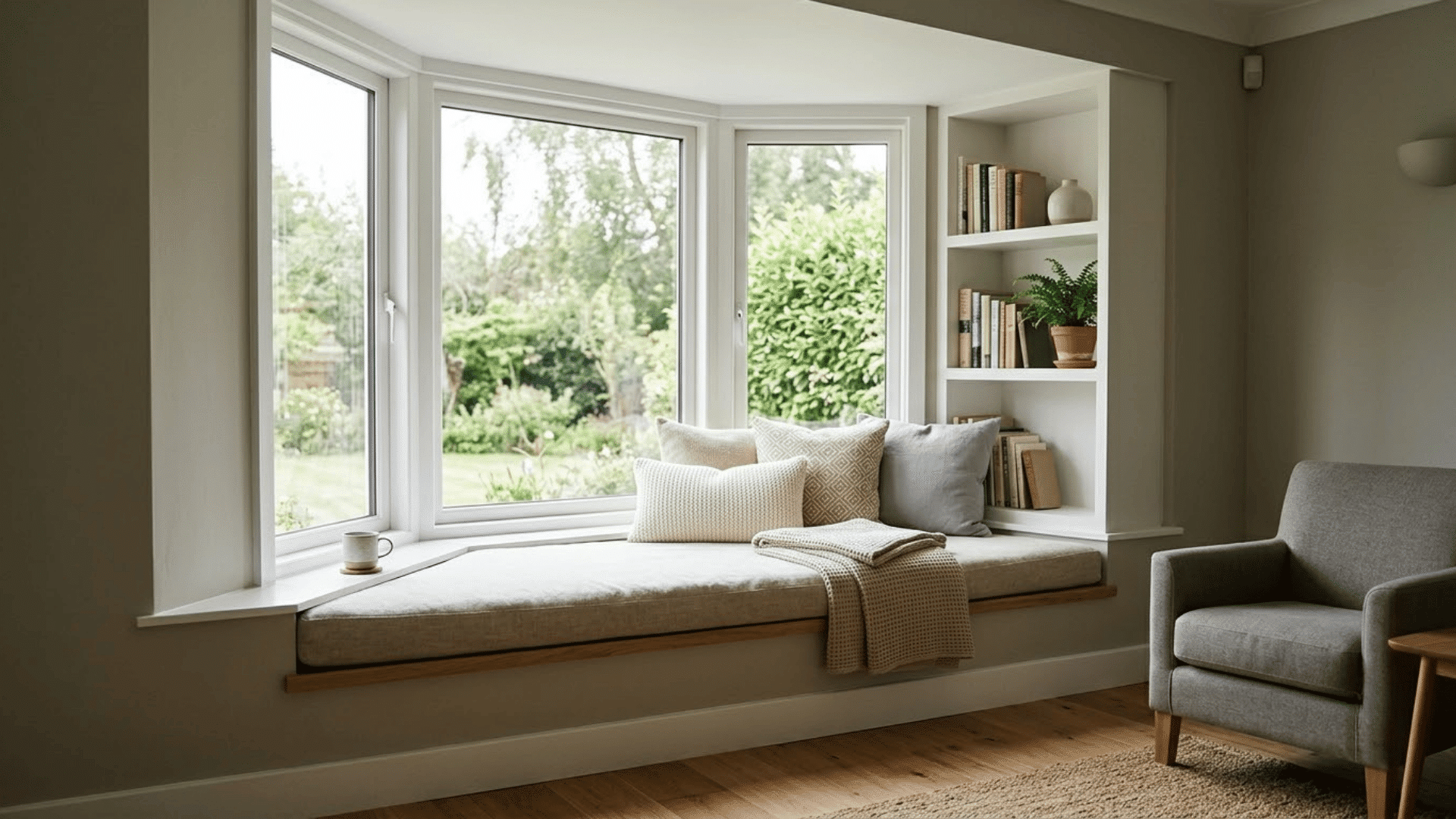 cozy window reading nook with a cushioned bench, pillows, bookshelf, and armchair
