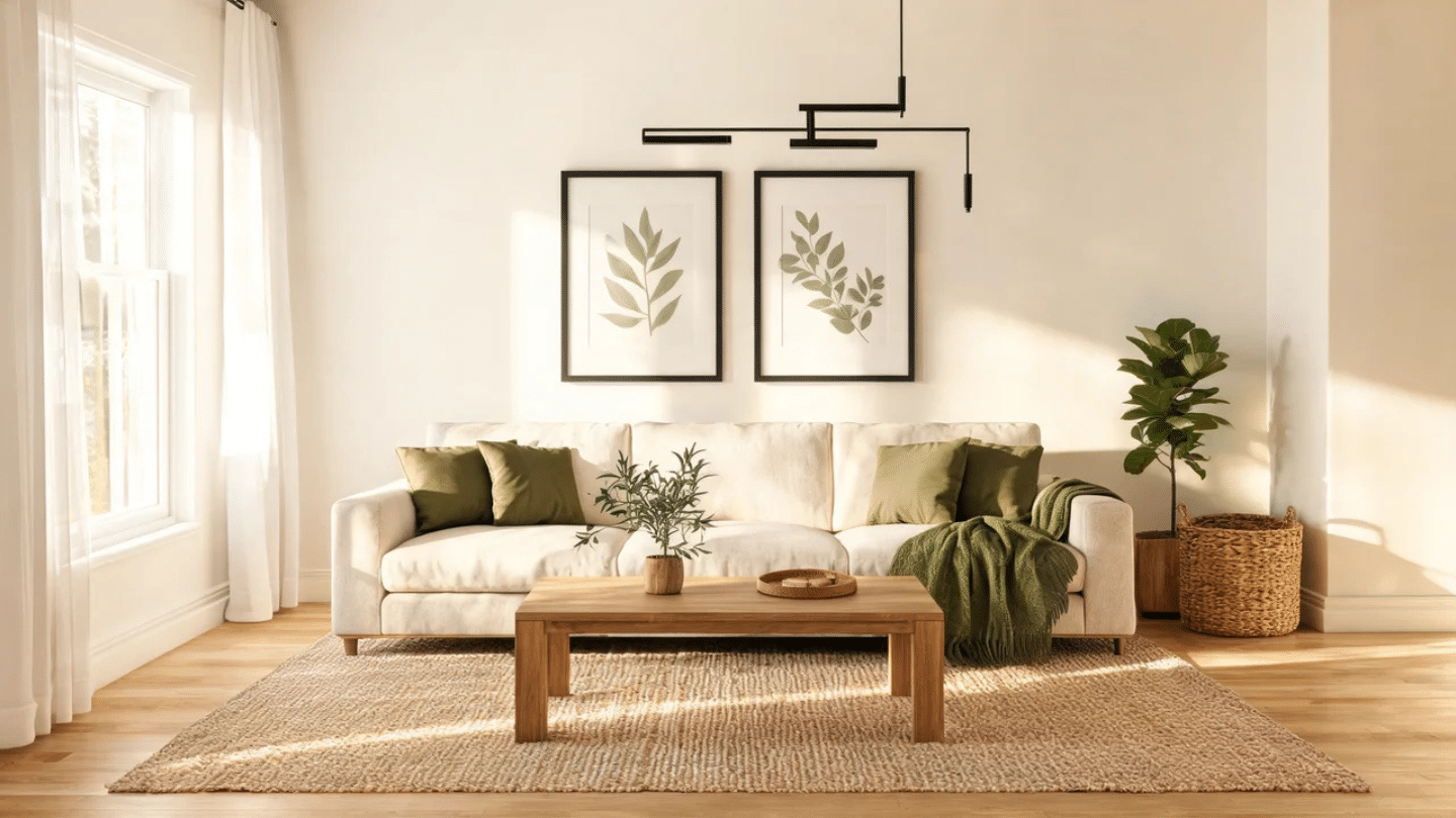 Modern farmhouse living room with neutral furniture, olive accents, wood table, and black lighting