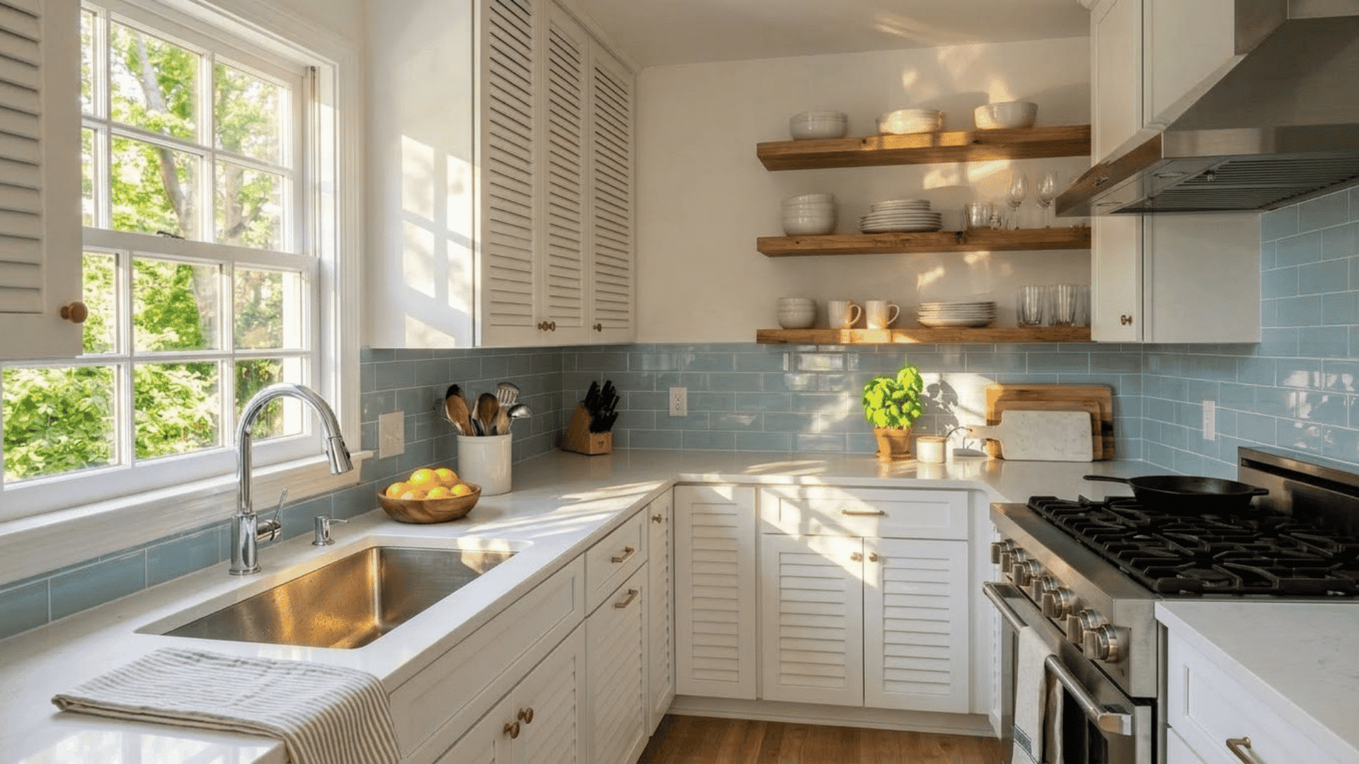 White louvered cabinet doors in a kitchen with blue backsplash, sink, shelves, and stainless steel stove