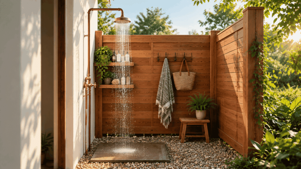 luxury cedar outdoor shower with copper fixtures, towel hooks, bench, and warm garden sunlight