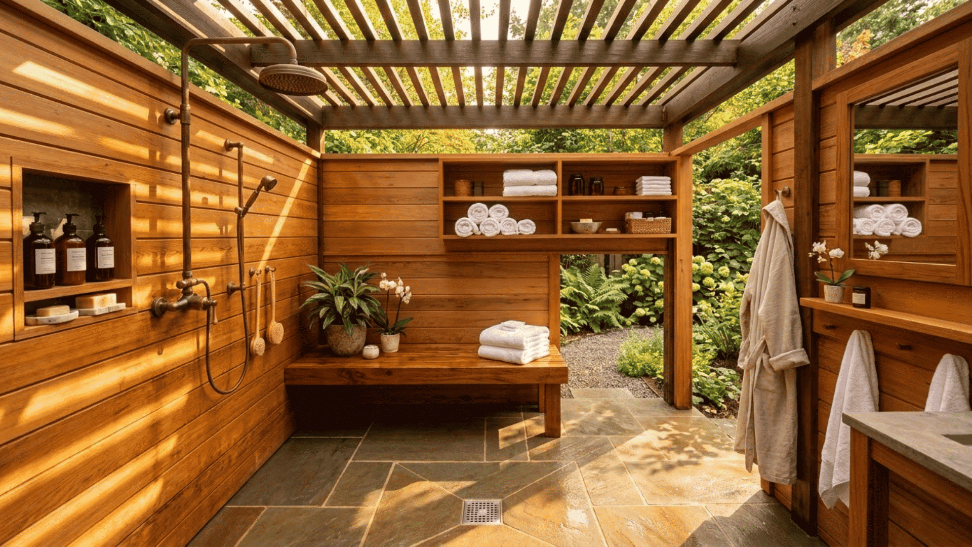 Outdoor shower room with wooden walls, pergola roof, built-in shelves, bench seating, towels, and stone flooring.