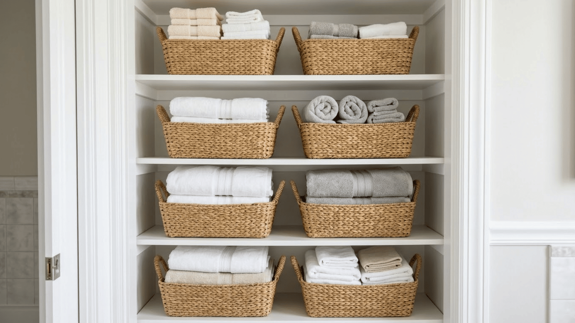matching woven baskets filled with folded towels and linens on organized bathroom closet shelve