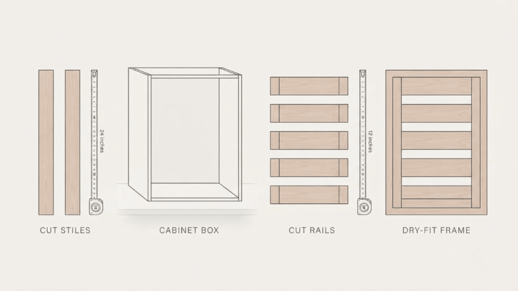 Measuring and cutting frame pieces prepares the structure needed for building face frame cabinets with accurate sizing.