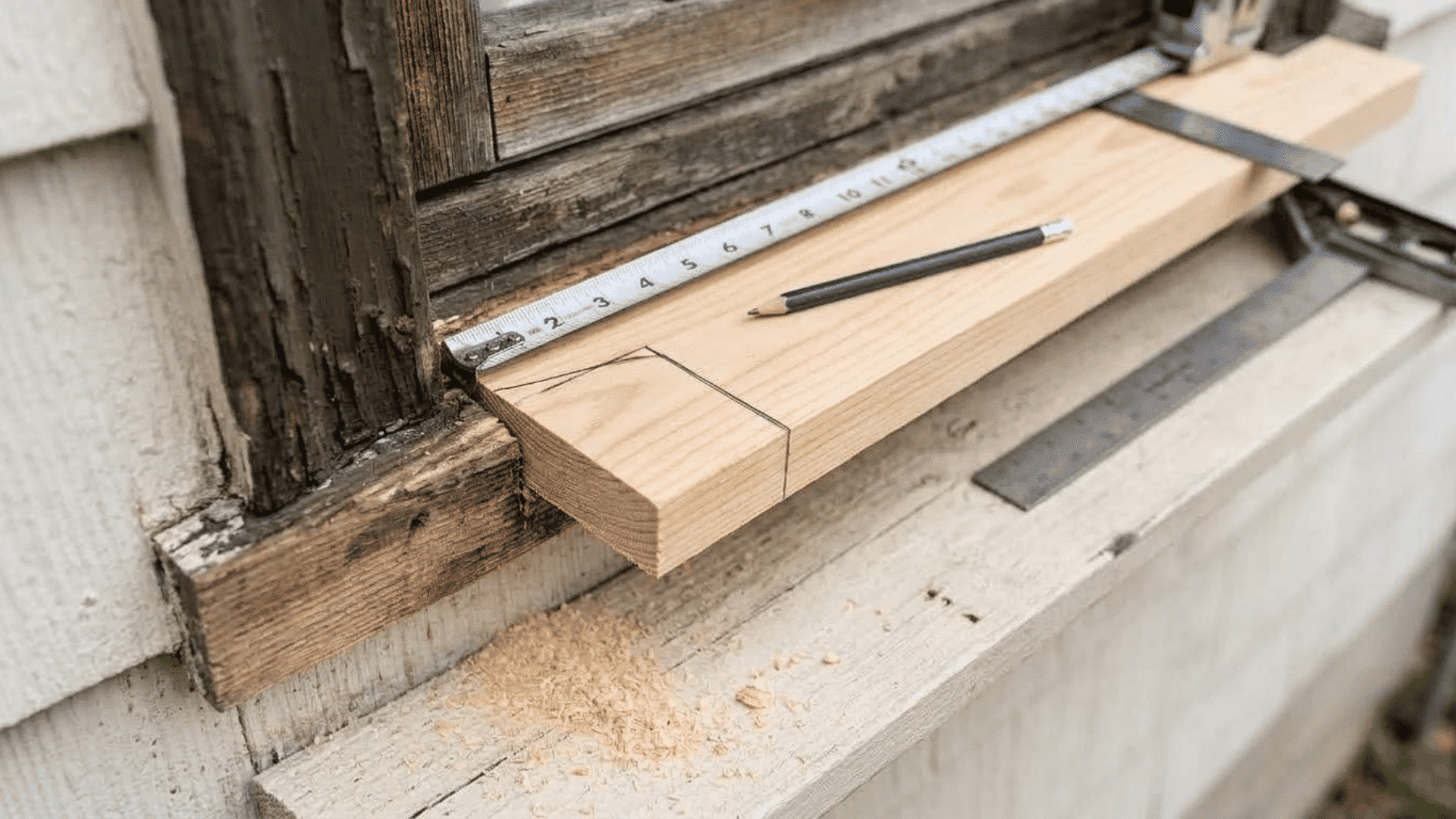 Measuring a wooden window sill replacement piece with a tape measure and pencil