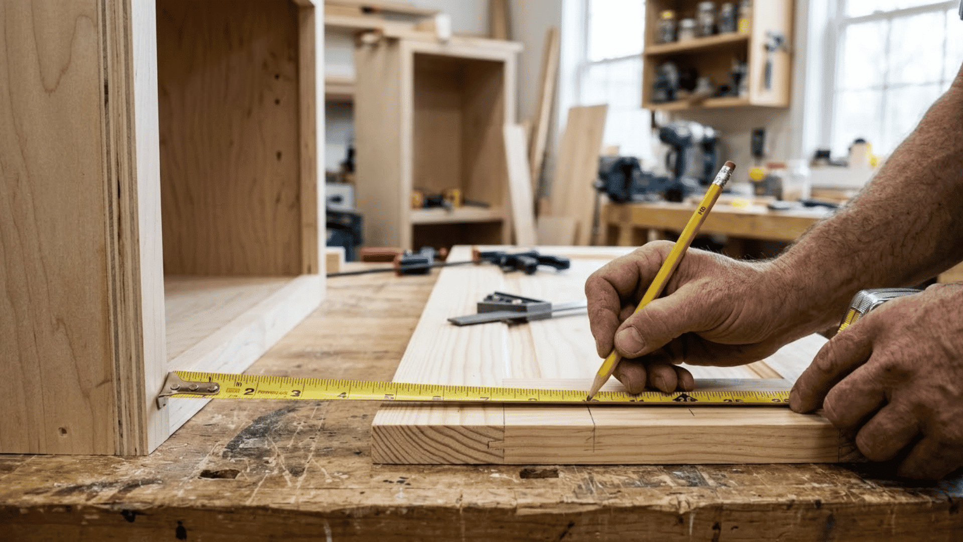 Hands measuring a cabinet opening with a tape measure and markings on a wooden board