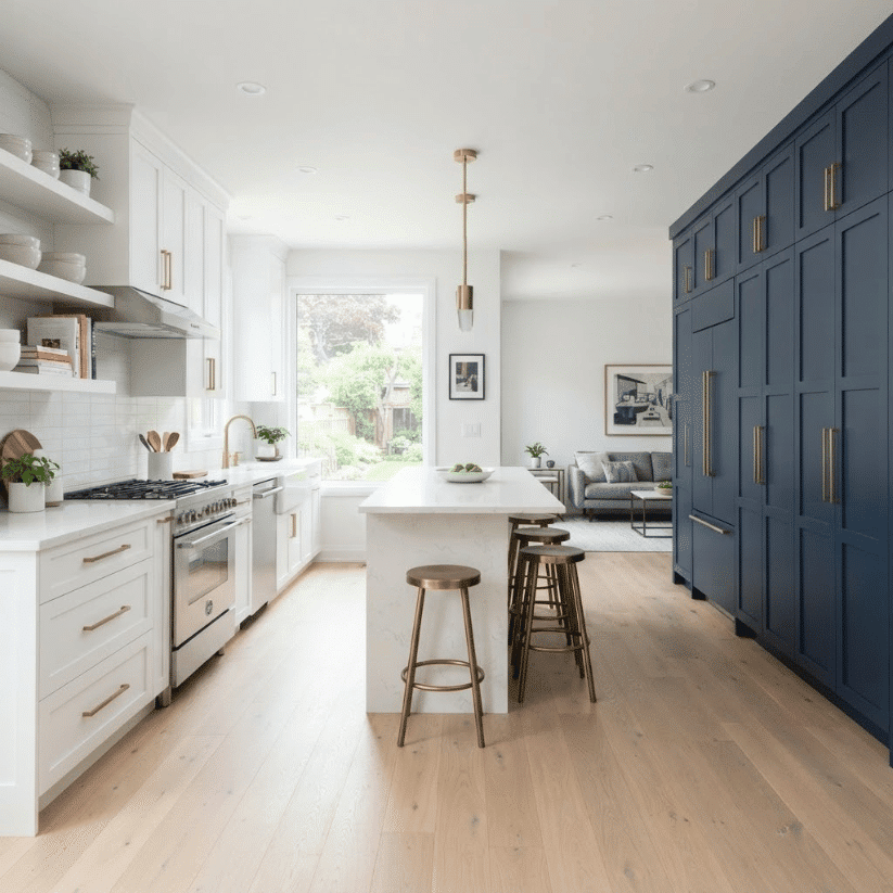 midnight blue tall pantry white perimeter