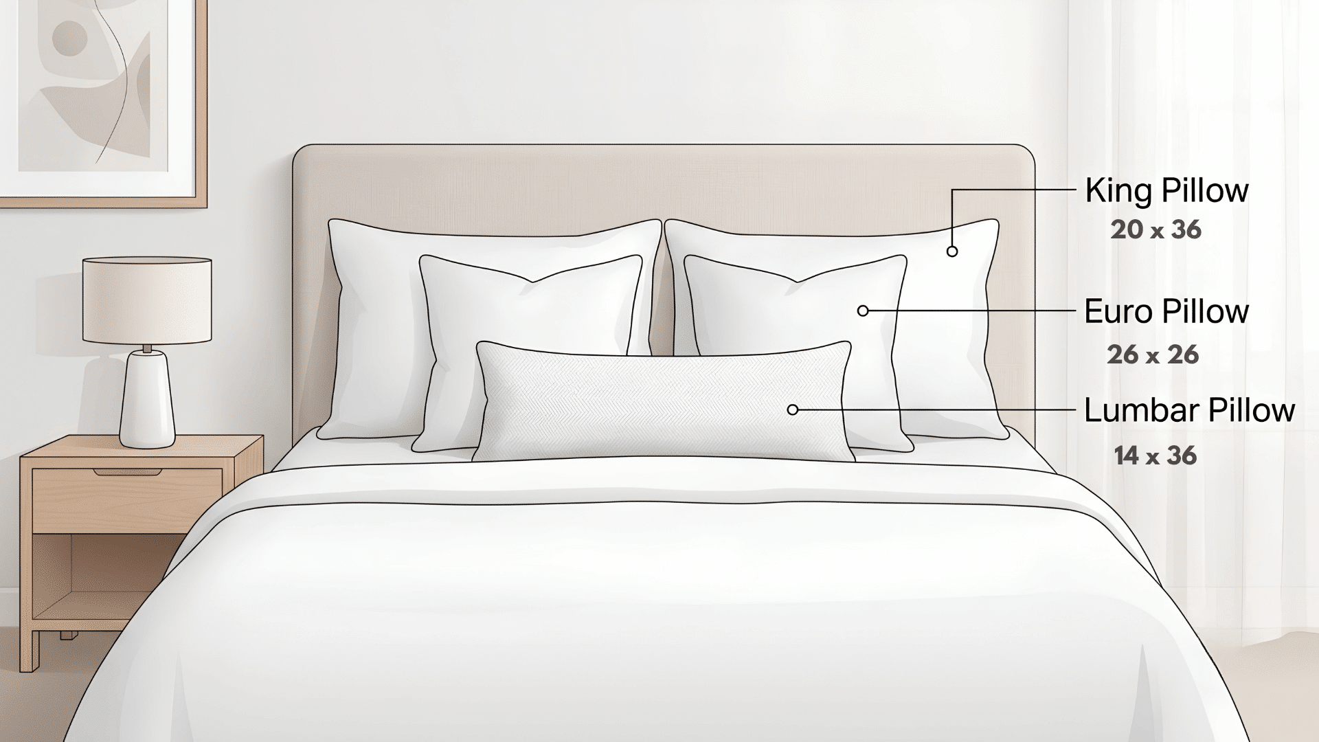king bed pillow arrangement showing king, Euro, and lumbar pillow sizes
