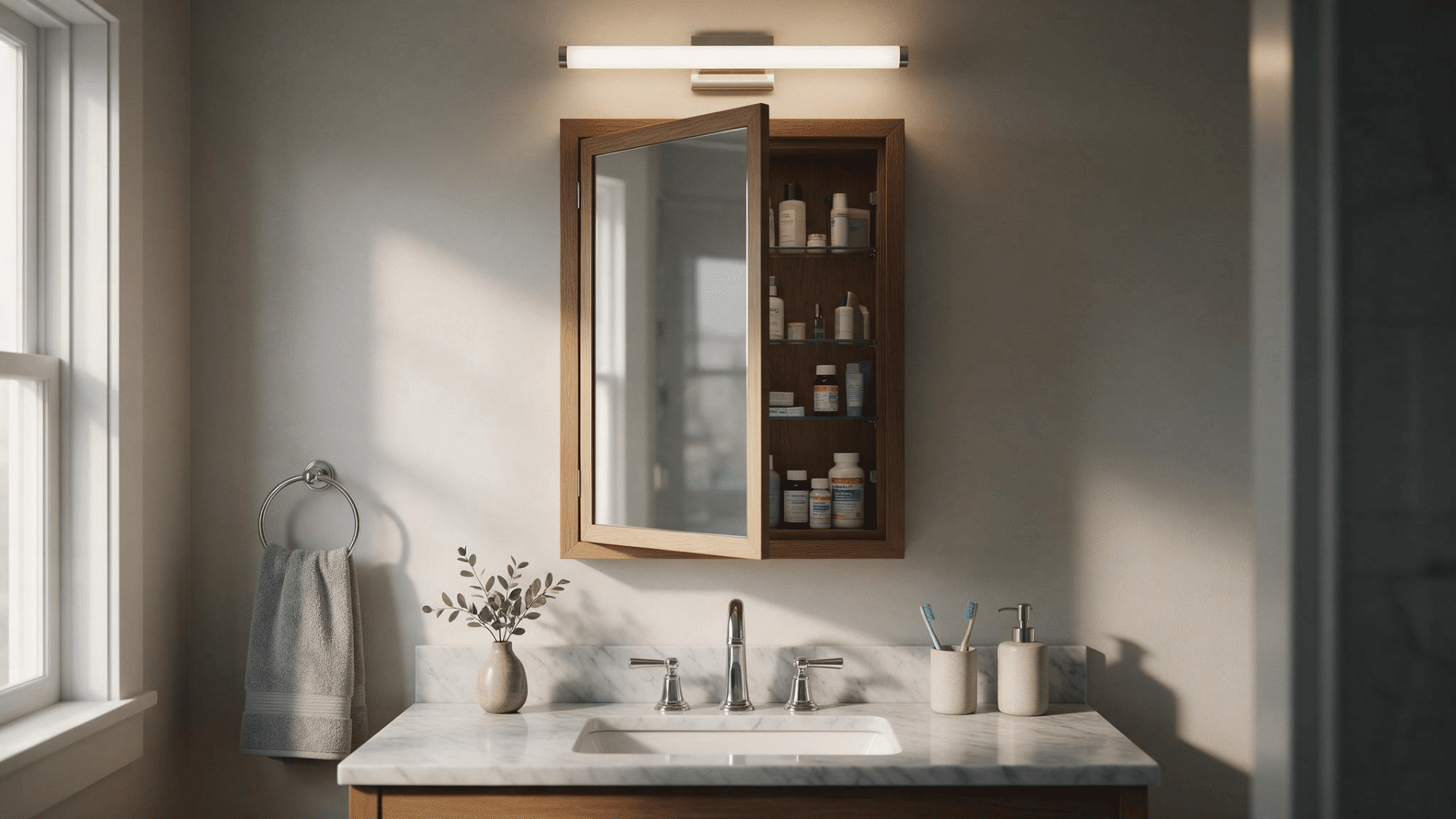 open mirrored medicine cabinet storing medications and toiletries above a marble bathroom vanity
