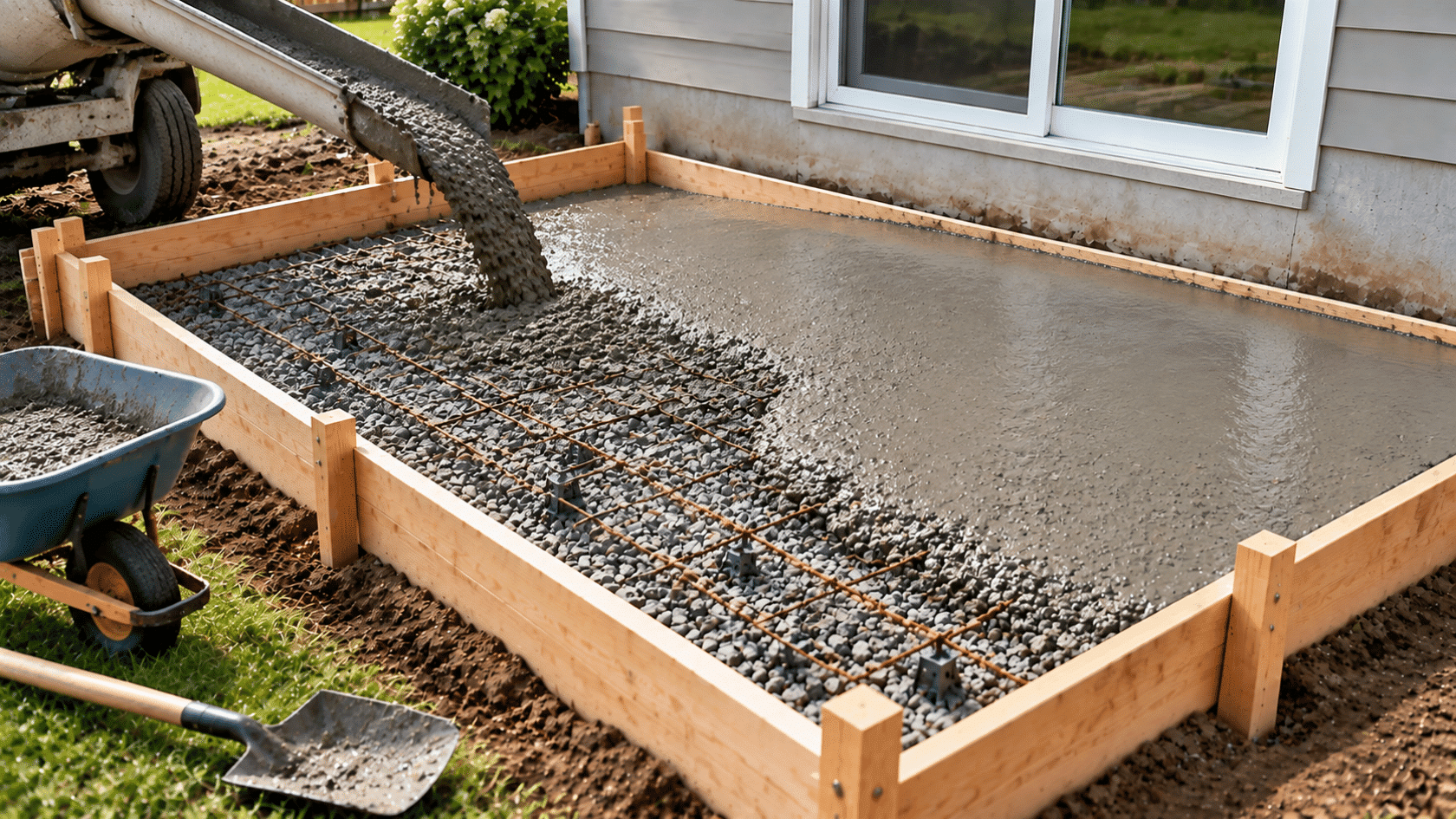 Fresh concrete being poured into framed area during a diy concrete patio build with reinforcement visible underneath