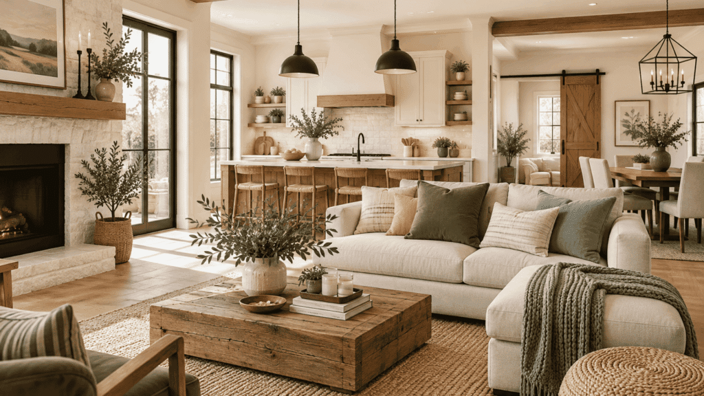 Modern farmhouse interior with warm neutrals, natural wood, black accents, and cozy contemporary décor