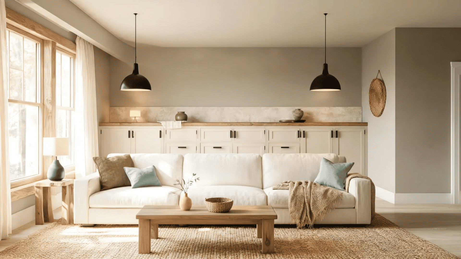 Modern farmhouse interior with warm neutrals, natural wood, clean furniture, black accents, and layered textures