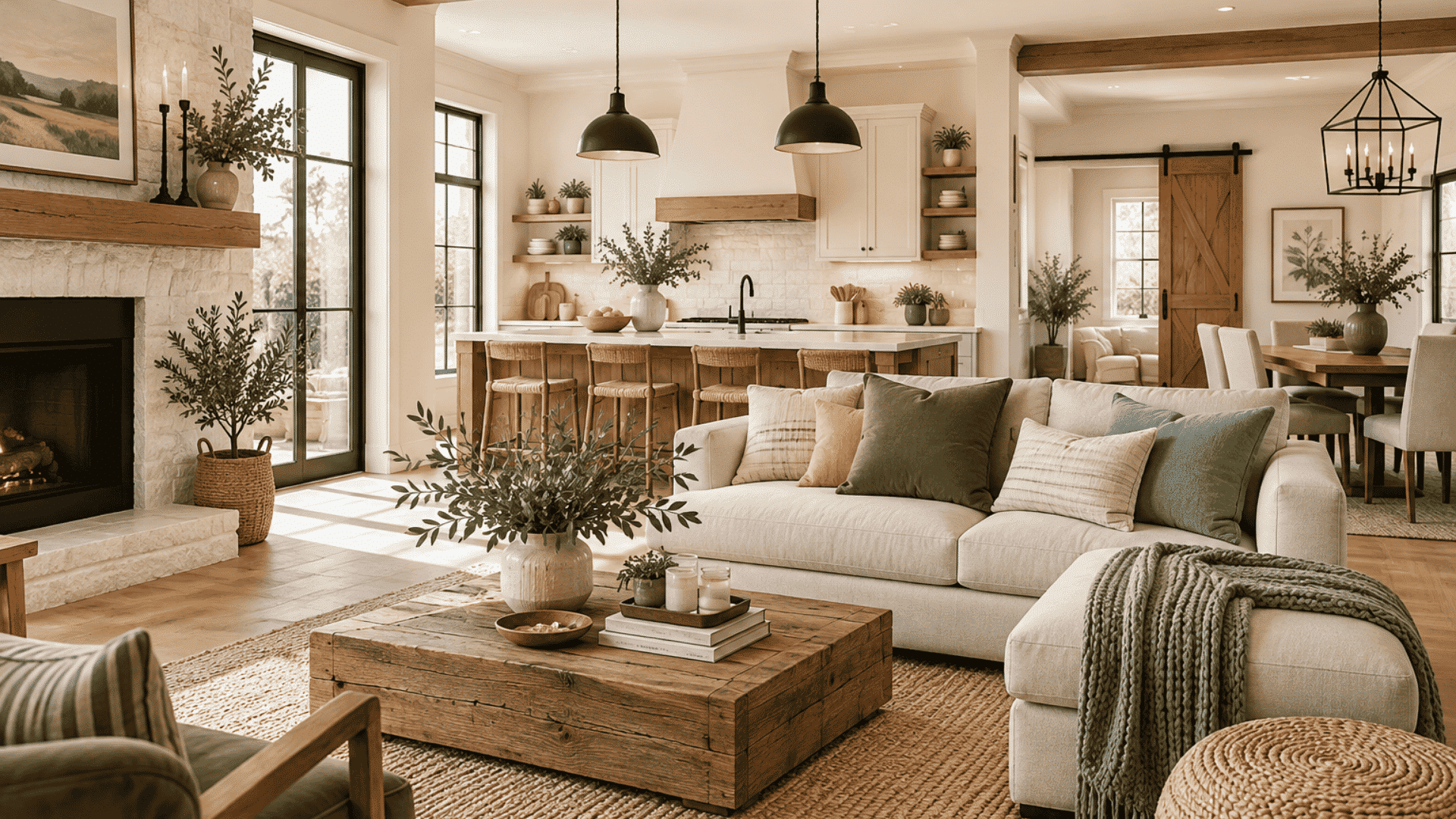 Modern farmhouse interior with warm neutrals, natural wood, black accents, and cozy contemporary décor