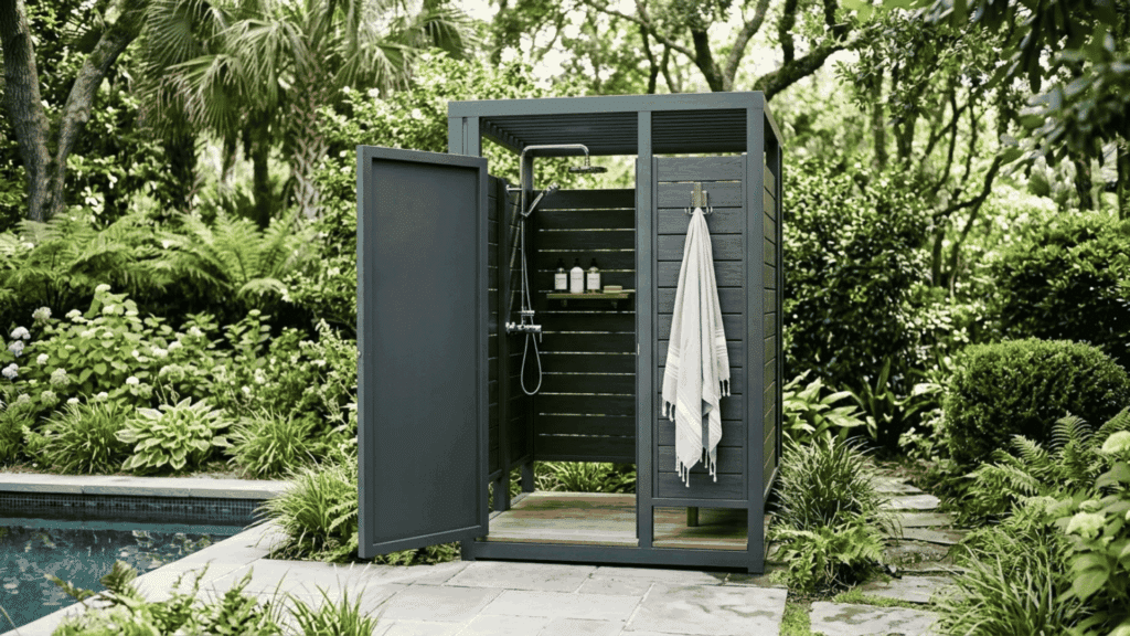 modern outdoor shower enclosure with dark panels, towel hook, shelves, and lush garden landscaping