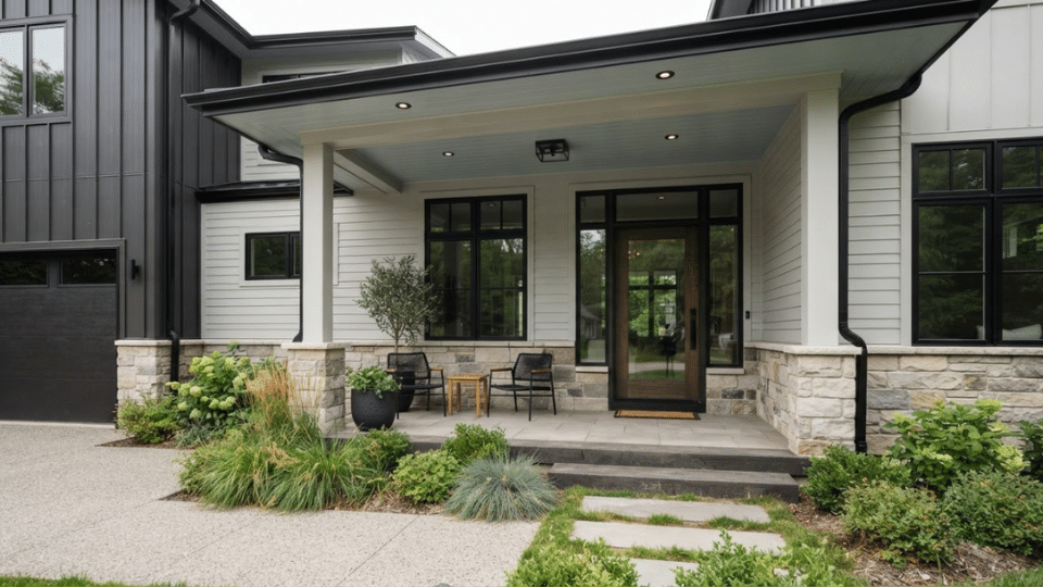 Pale blue gray porch ceiling adding a subtle modern touch to outdoor design