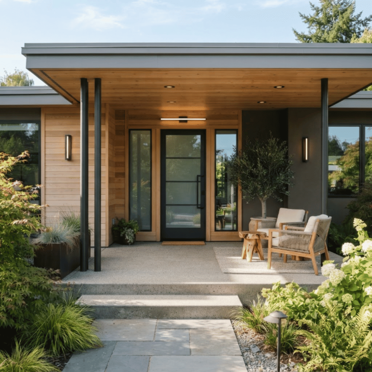 Modern covered front porch with clean lines, wood furniture, and minimalist exterior design