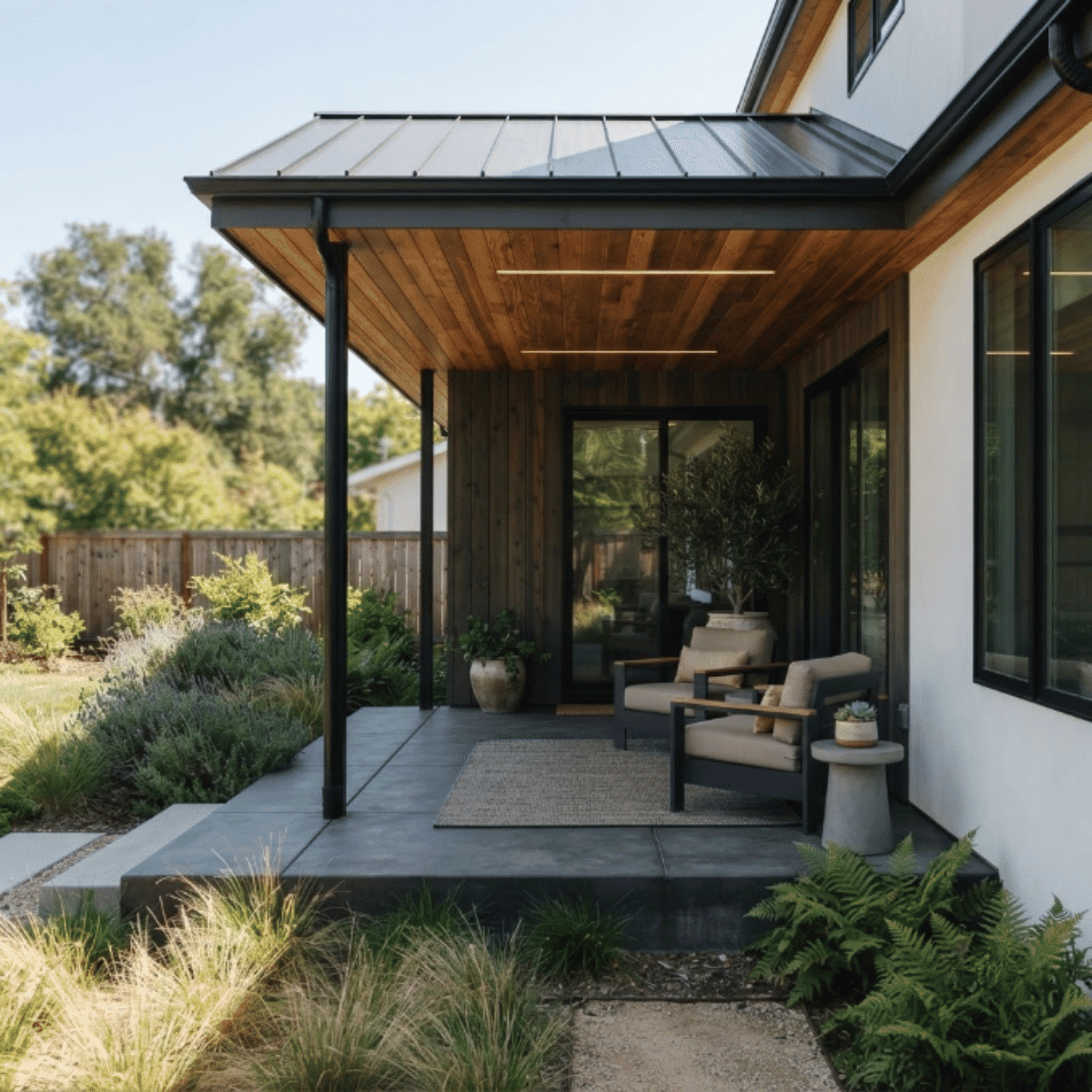 Shed roof covered porch with modern furniture and simple architectural details