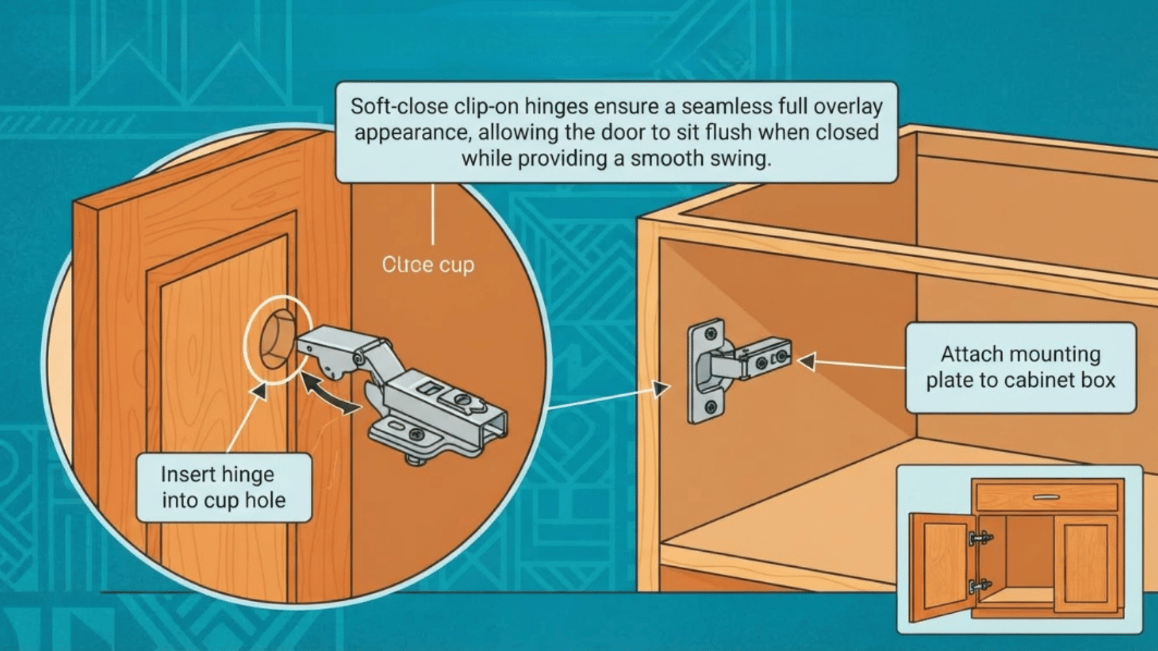 Concealed hinges on cabinet boxes highlight the hardware used for full-overlay cabinets.
