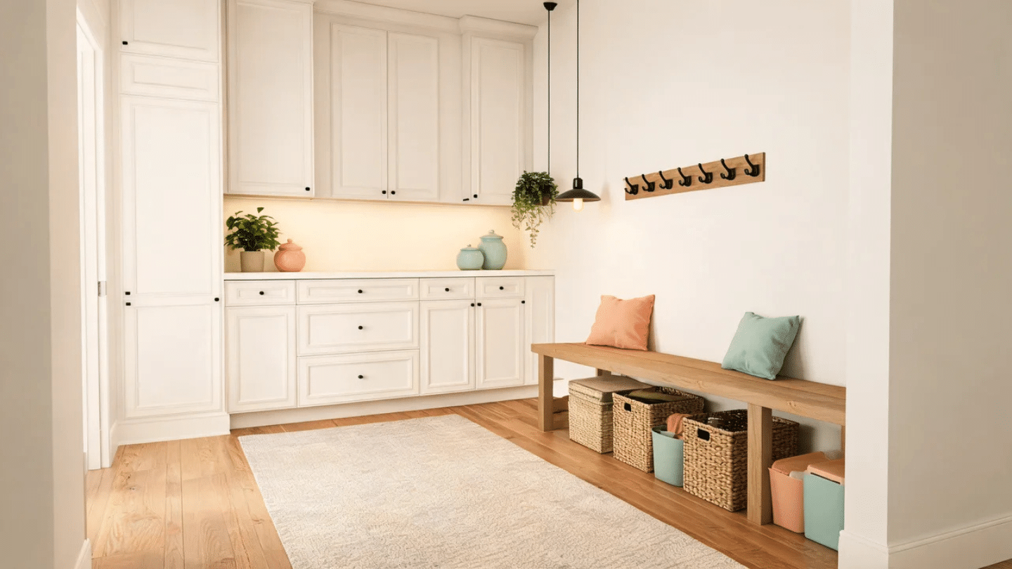 Modern farmhouse mudroom with Shaker cabinets, wood bench, woven baskets, and peach teal accents