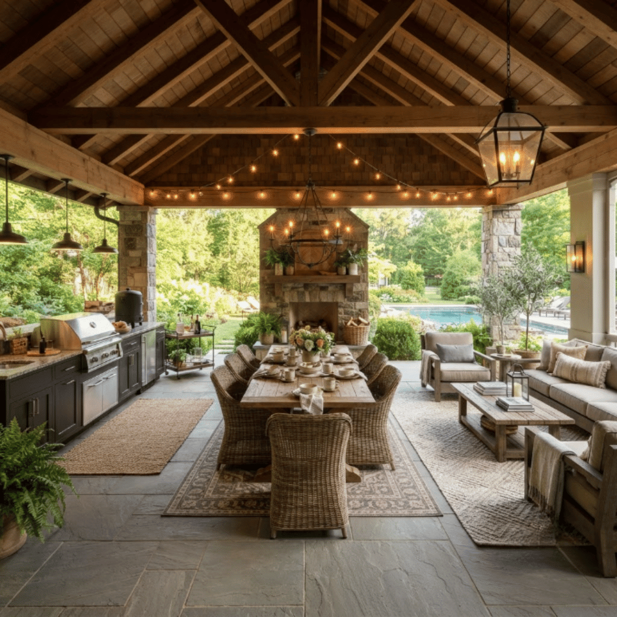 Large covered porch with separate dining, lounge, and activity zones