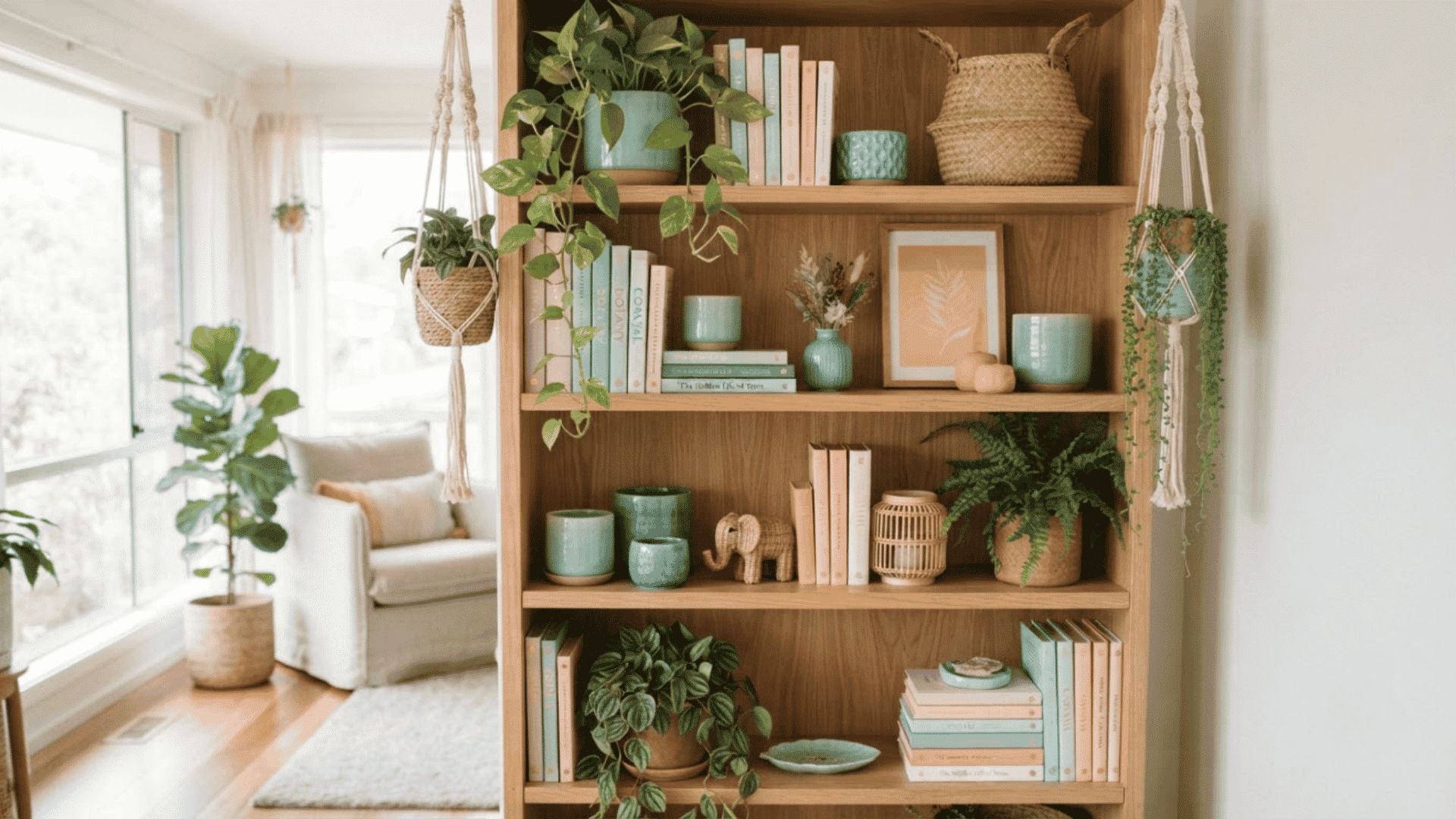 Bookshelf with plants, colorful pottery, and natural textures for warmth