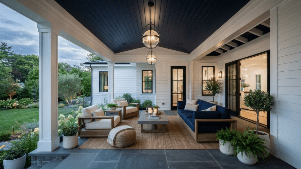 Deep navy blue porch ceiling creating a bold and sophisticated exterior feature