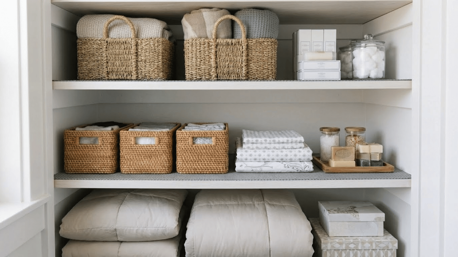 folded linens resting on non-slip shelf liners inside a clean bathroom linen closet