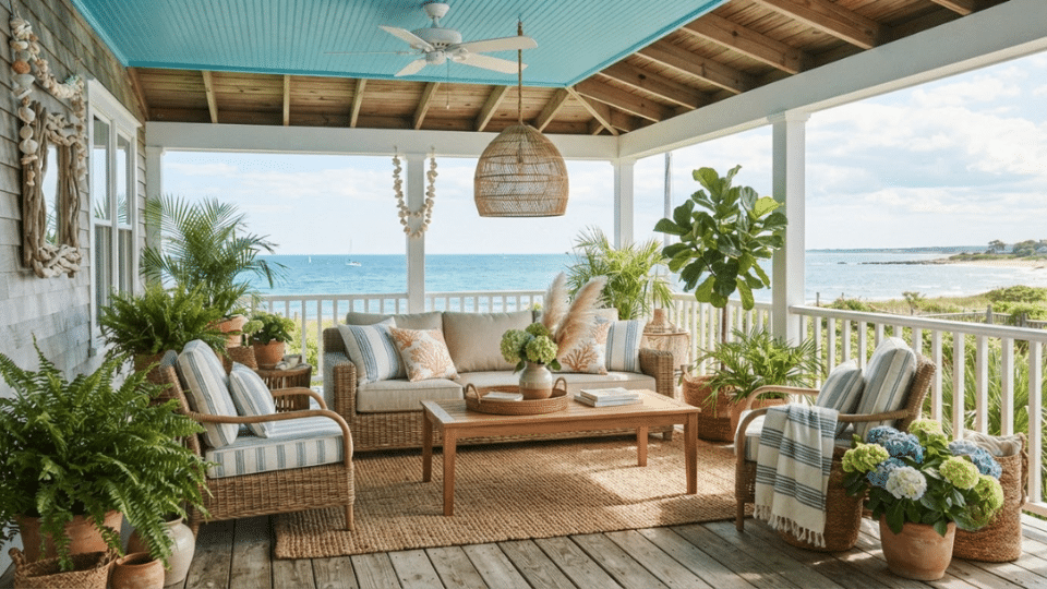 Ocean-inspired blue porch ceiling creating a breezy coastal outdoor atmosphere