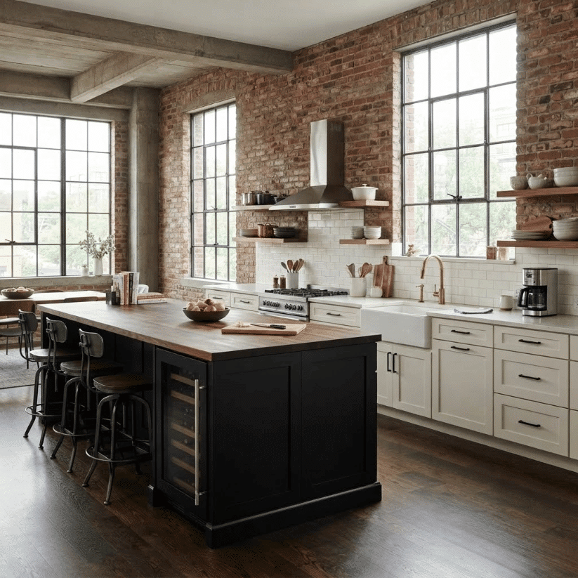 off white cabinets matte black island