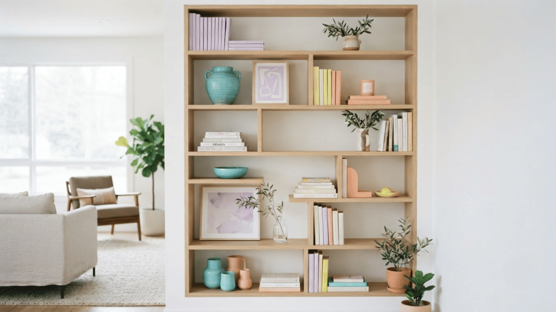 Minimal bookshelf with negative space and colorful organized decor