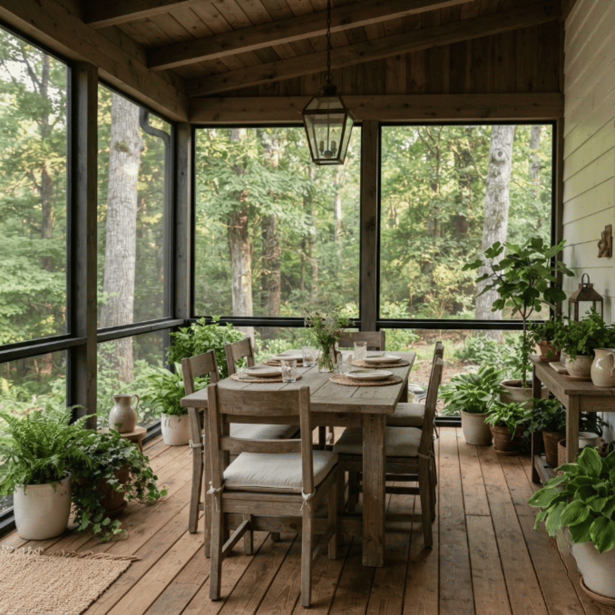 Screened porch dining space with table, chairs, lighting, and outdoor views