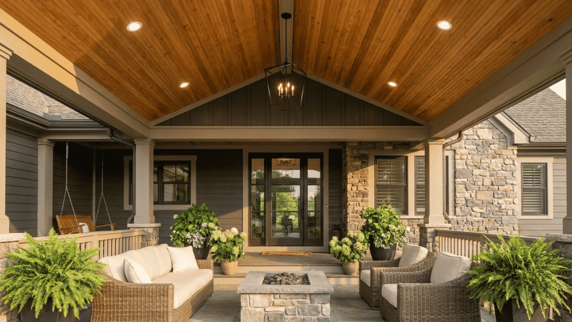 Modern porch ceiling ideas with wood panels, lighting, and stylish outdoor seating area