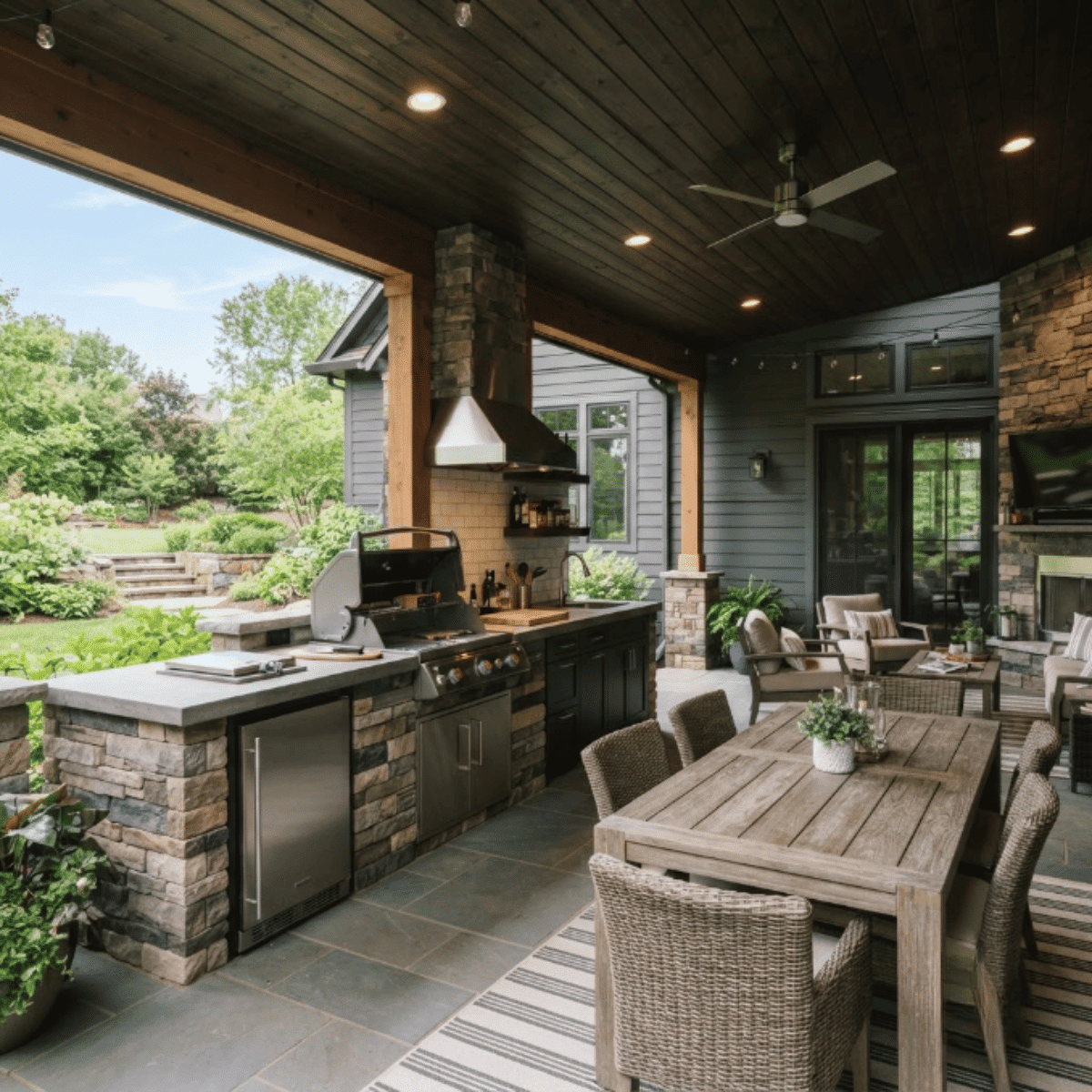 Covered porch with outdoor kitchen, grill, countertop, and entertaining features