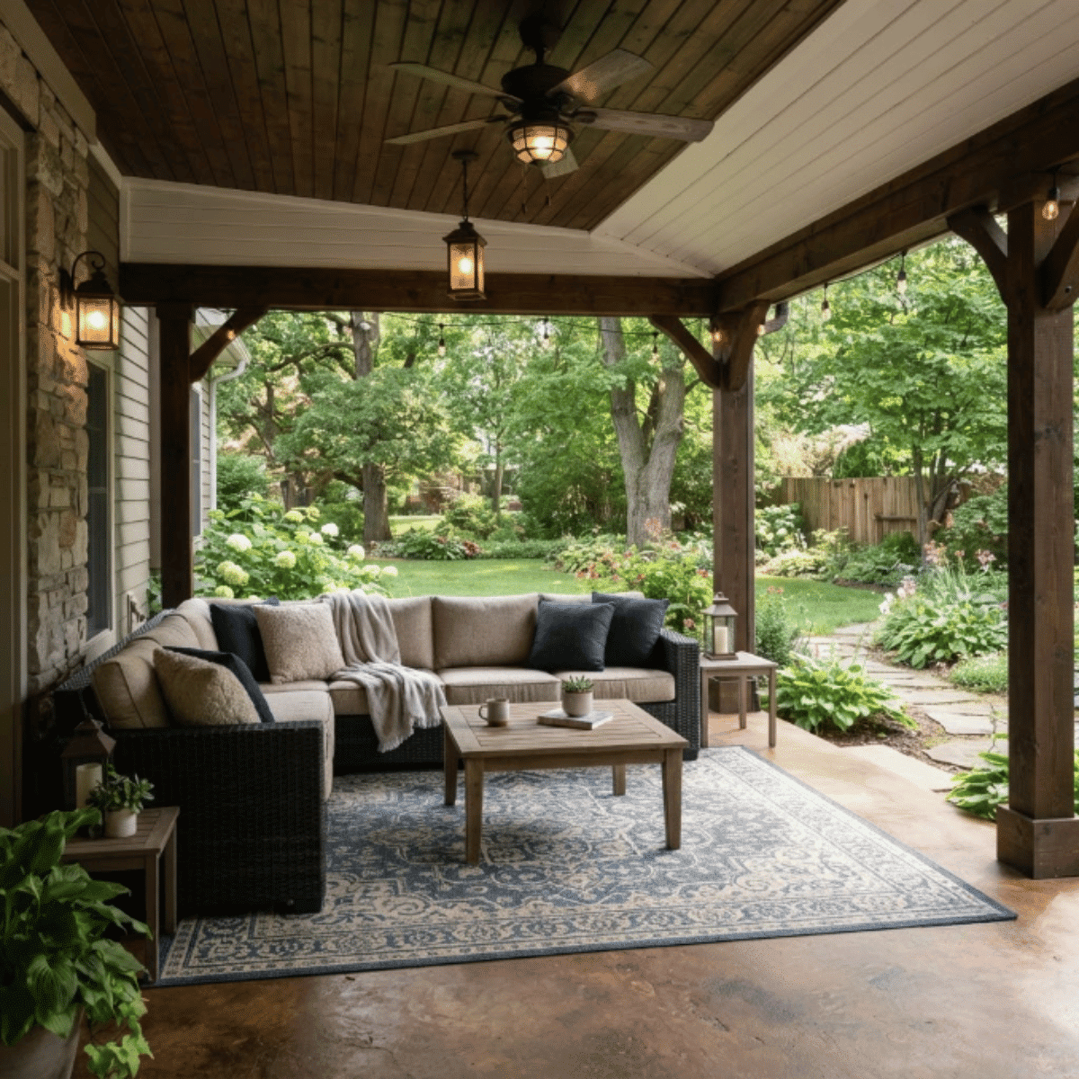 Covered porch outdoor living room with sectional sofa, rug, and comfortable seating setup