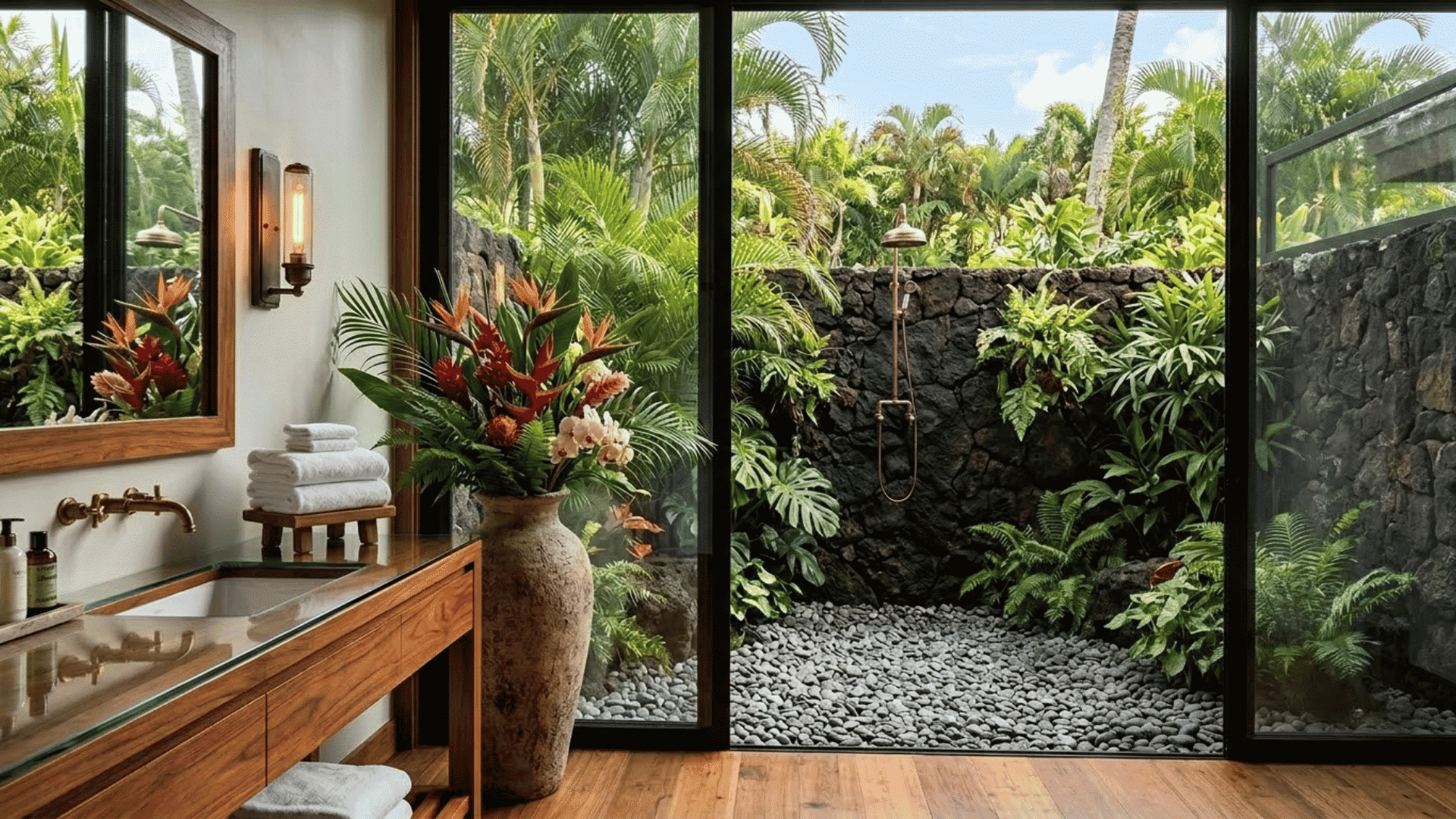 An indoor bathroom with glass doors opens to an outdoor shower area surrounded by tropical plants, a stone wall, and greenery.