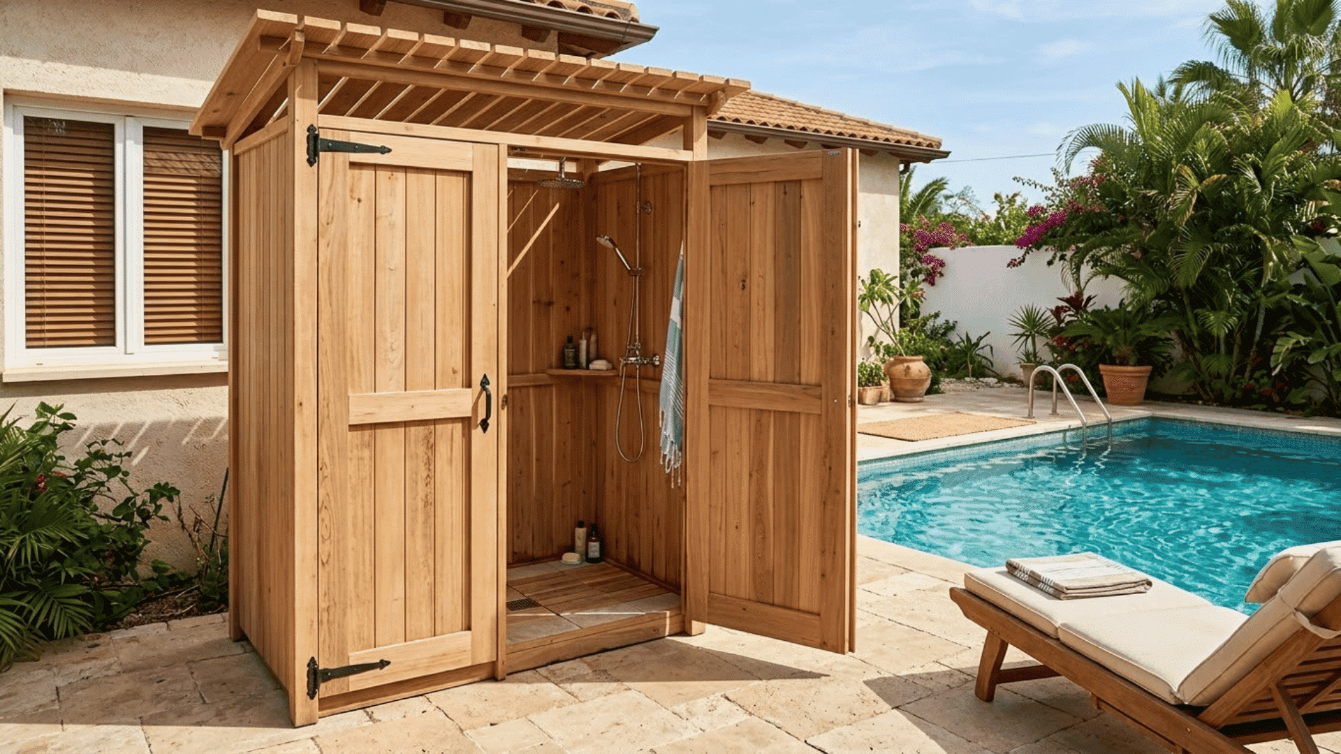 Wooden outdoor shower enclosure beside a swimming pool with pergola roof, towel, poolside lounge chair, and tropical landscaping.