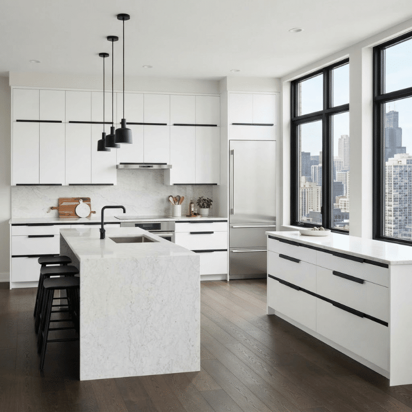 oversized black edge pulls on flat panel units
