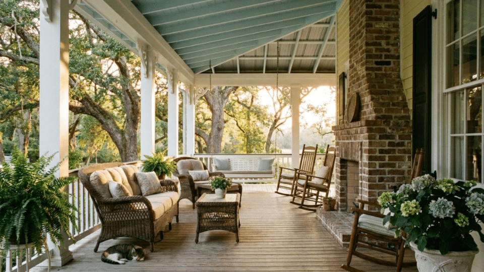 Haint blue porch ceilings add a calming traditional touch to an outdoor space.