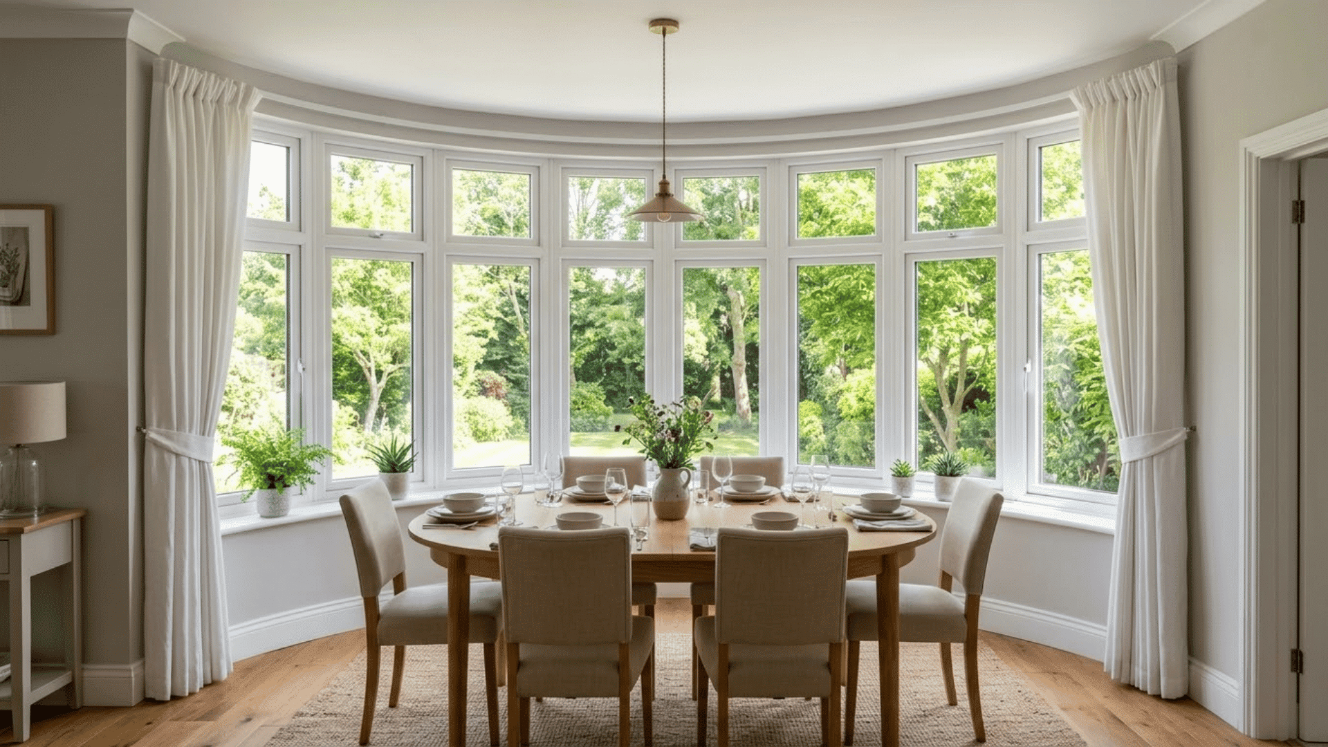 dining room with curved bow window, dining table, and outdoor view through glass panels
