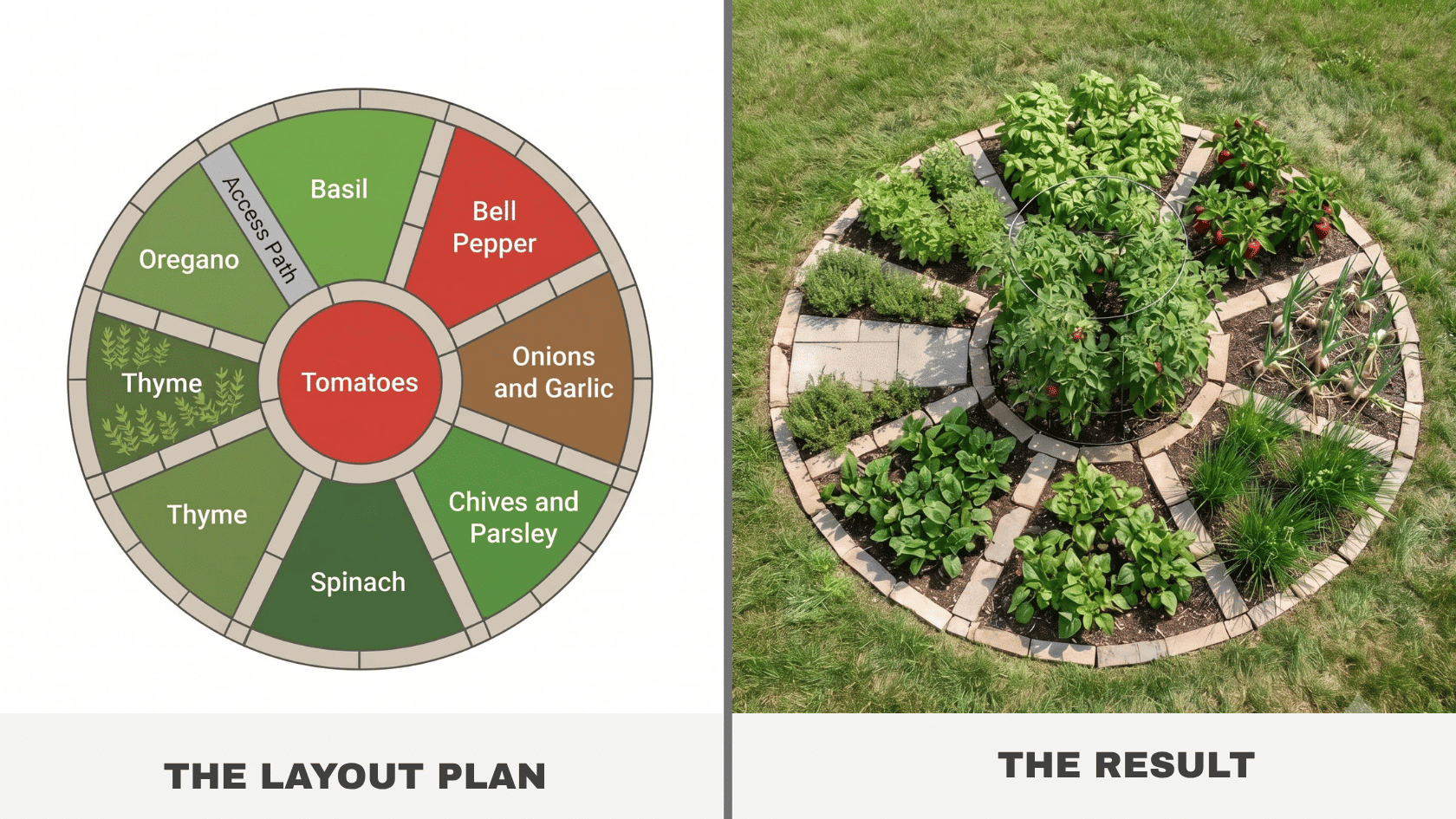 Pizza slice vegetable garden layout diagram and real photo showing wedge shaped beds of tomatoes, herbs, and peppers