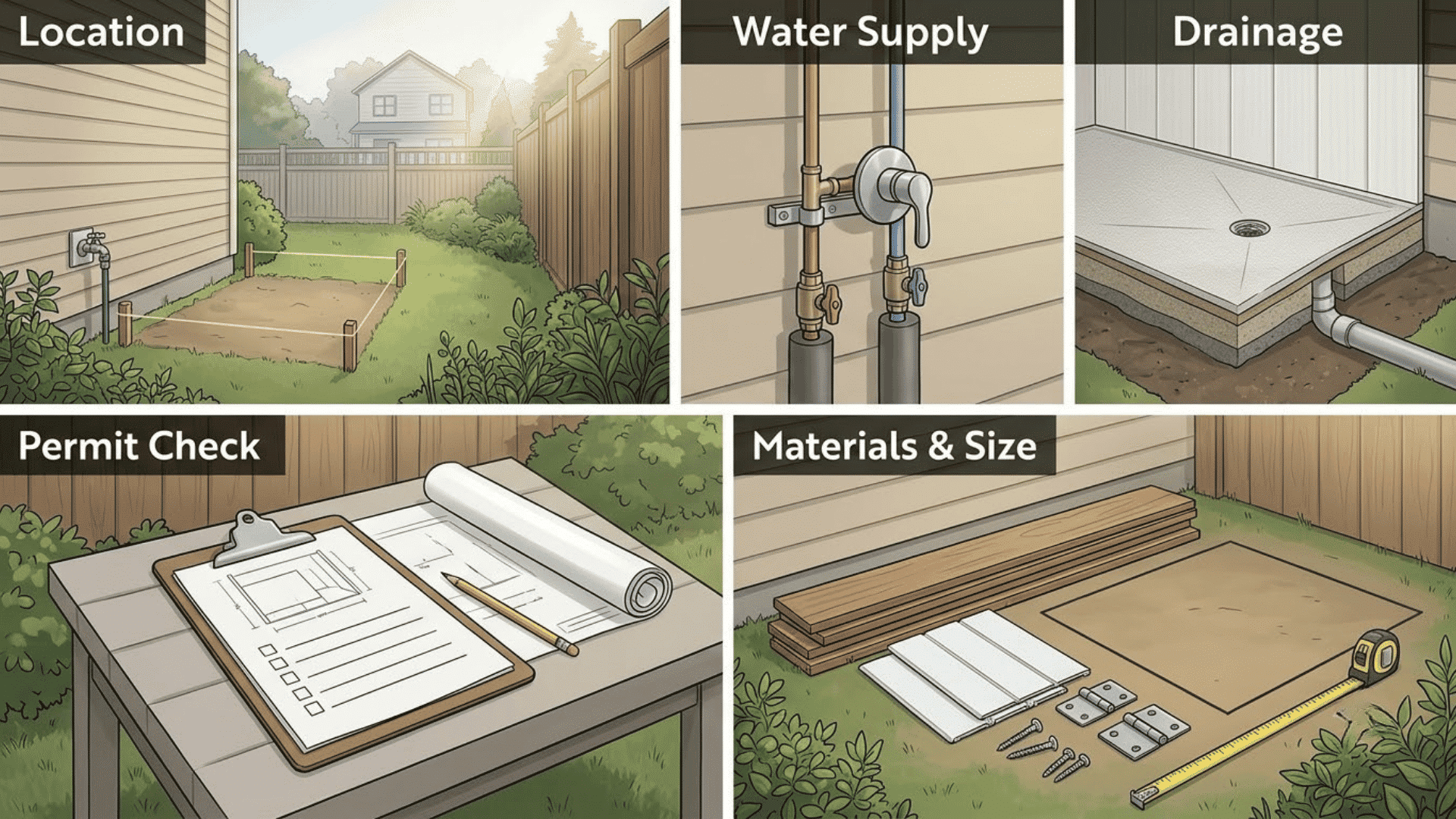 Outdoor shower planning infographic showing location, water supply, drainage, permits, and material preparation.