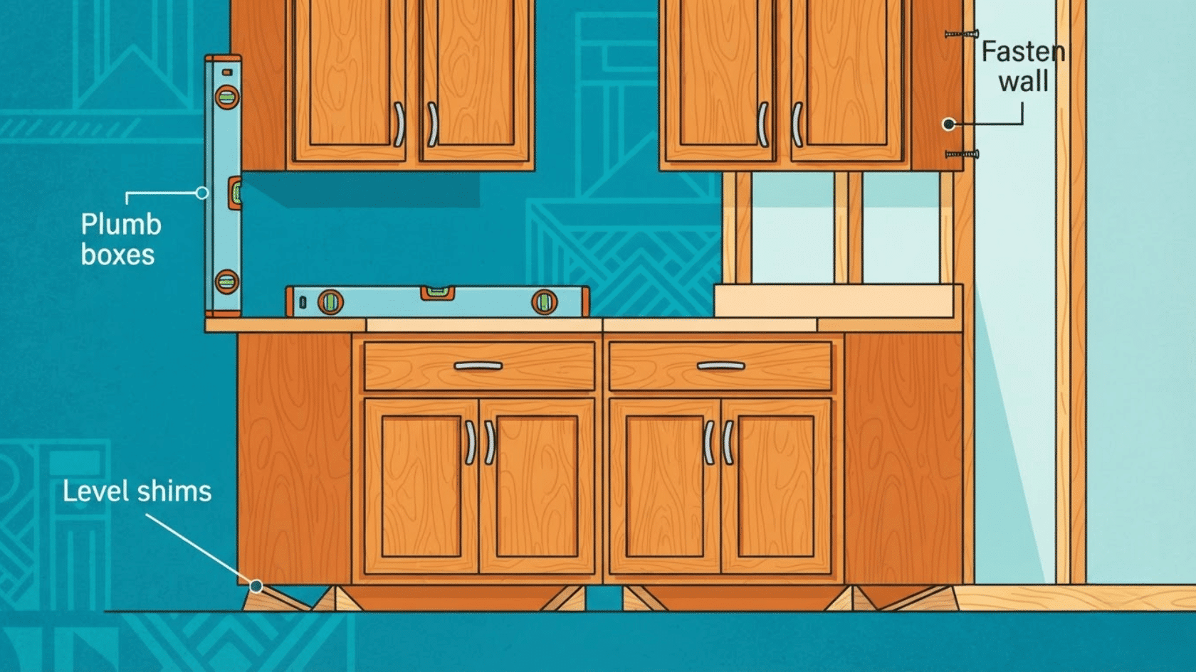 Level cabinet boxes create a precise base for full overlay cabinets, showing proper alignment during installation work.