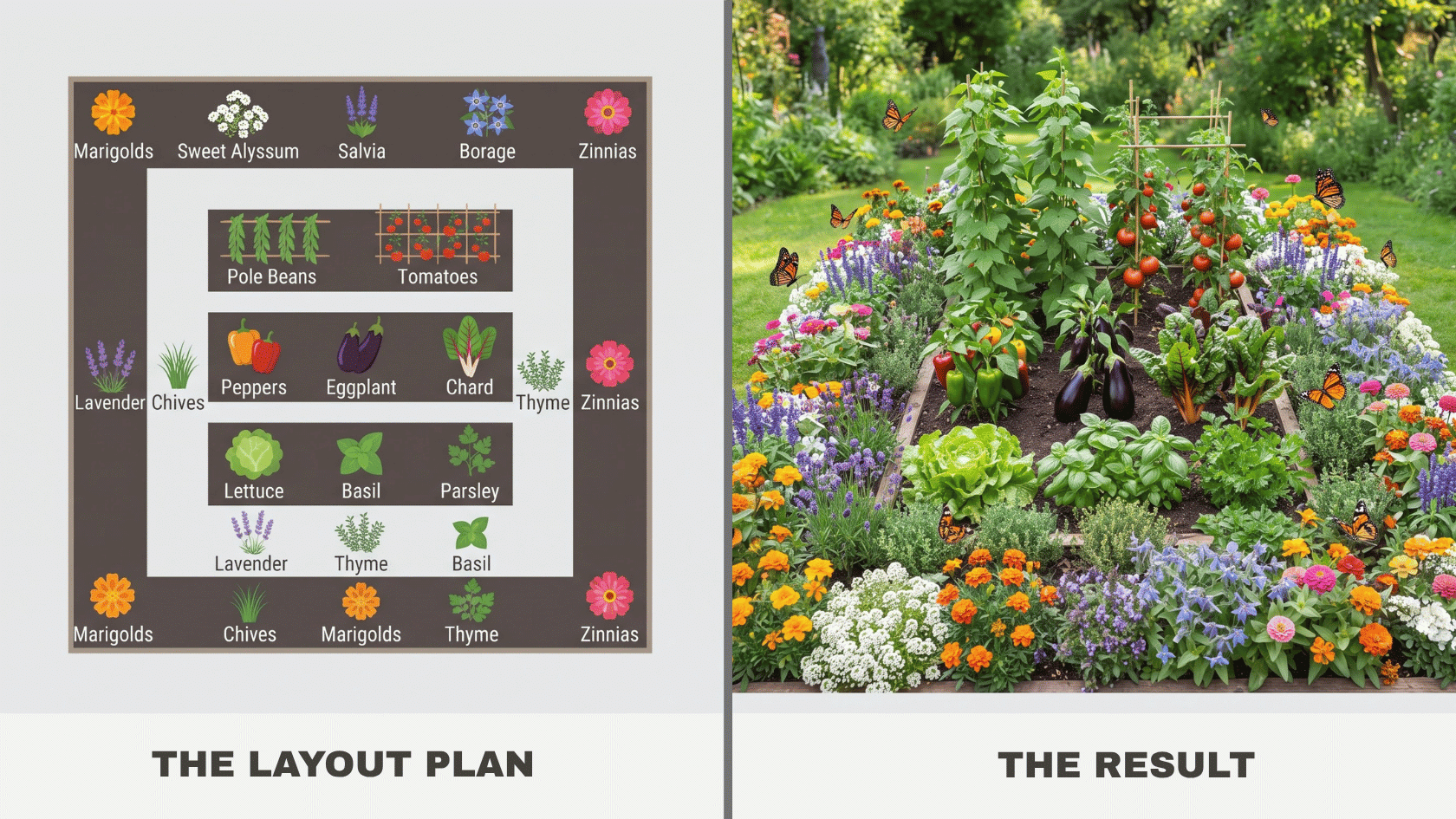 Pollinator border vegetable garden layout diagram and photo with flowering plants surrounding tomatoes, peppers, and greens