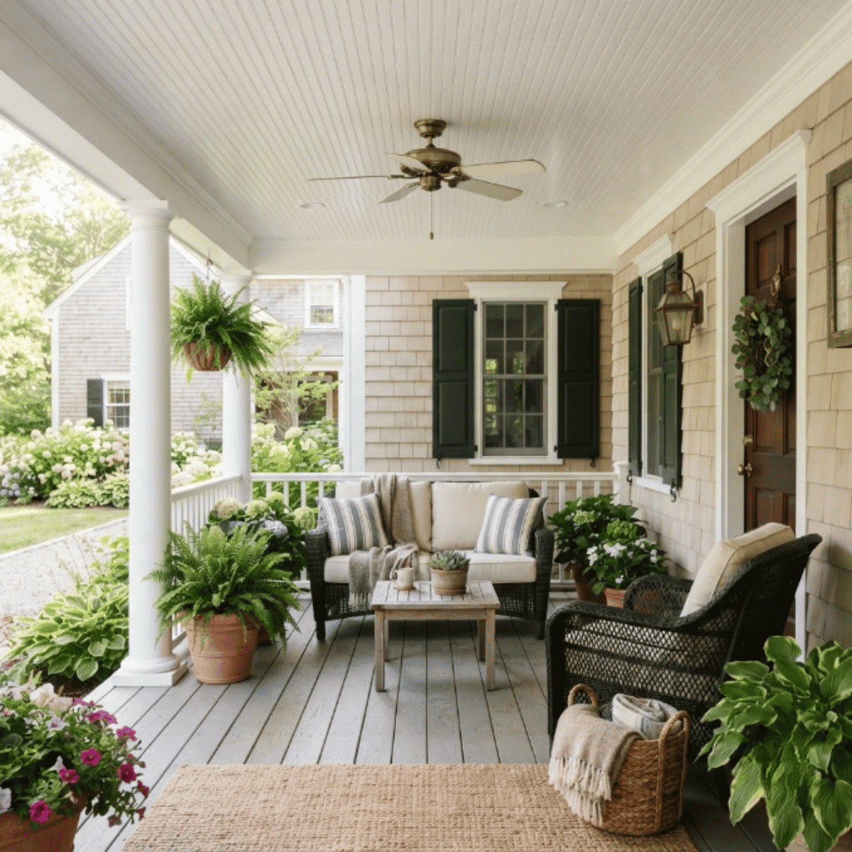 Covered porch with white beadboard ceiling and classic outdoor furniture details